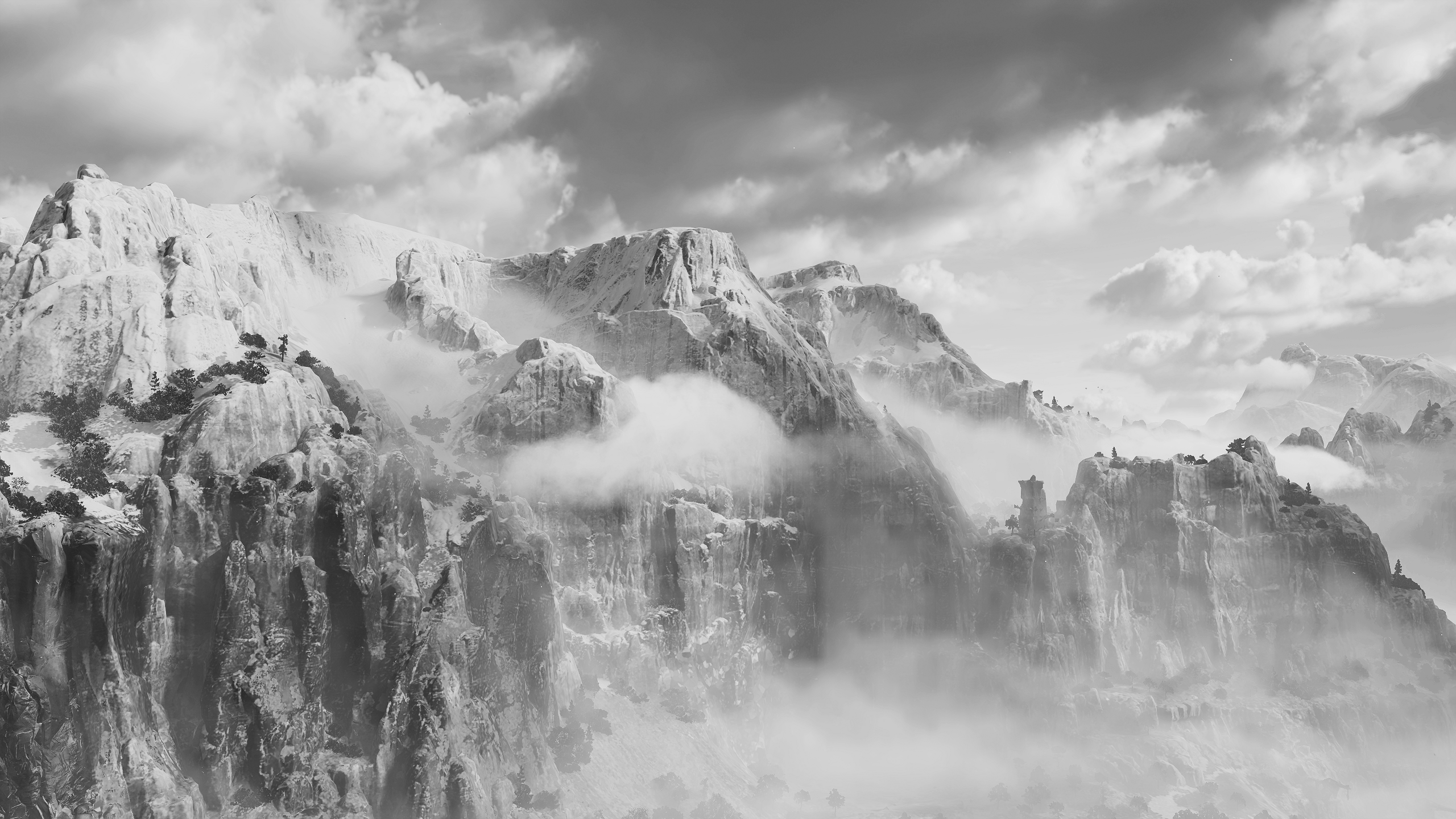 Monochrome Rugged Mountain Range with Low Clouds HD Wallpaper