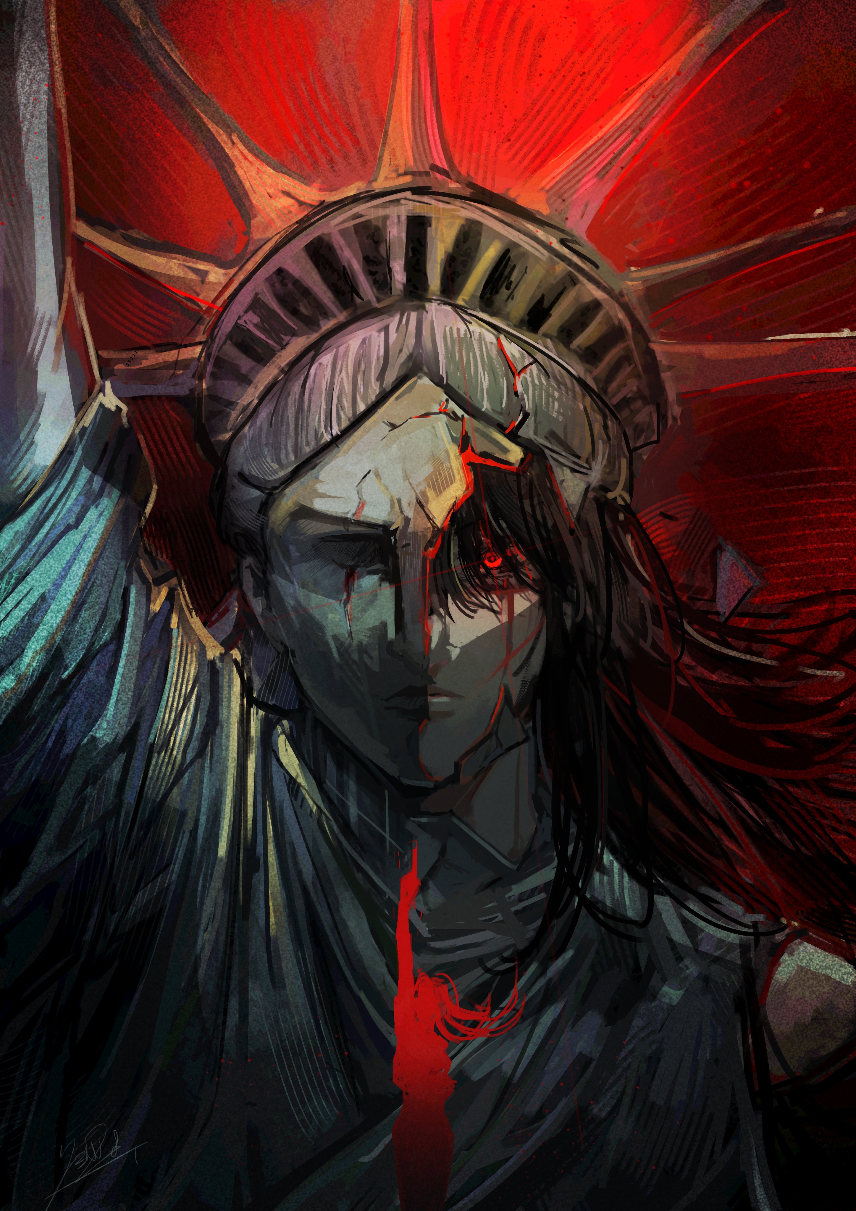 Cracked Statue of Liberty Revealing Anime Girl HD Wallpaper