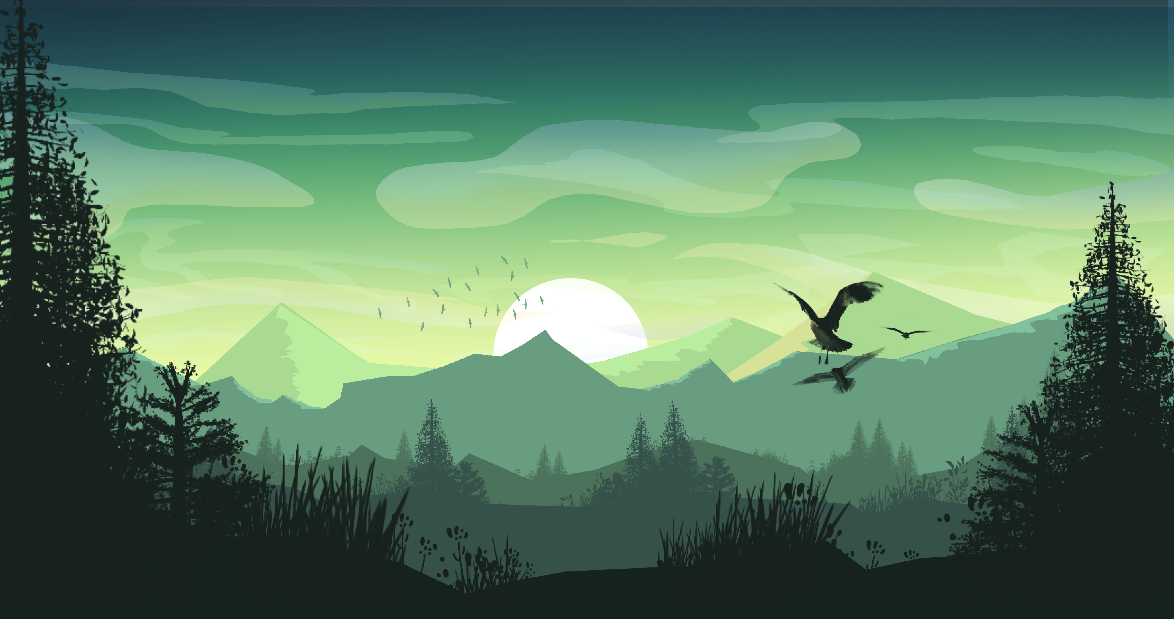 Green Vector Landscape with Mountains and Flying Birds HD Wallpaper