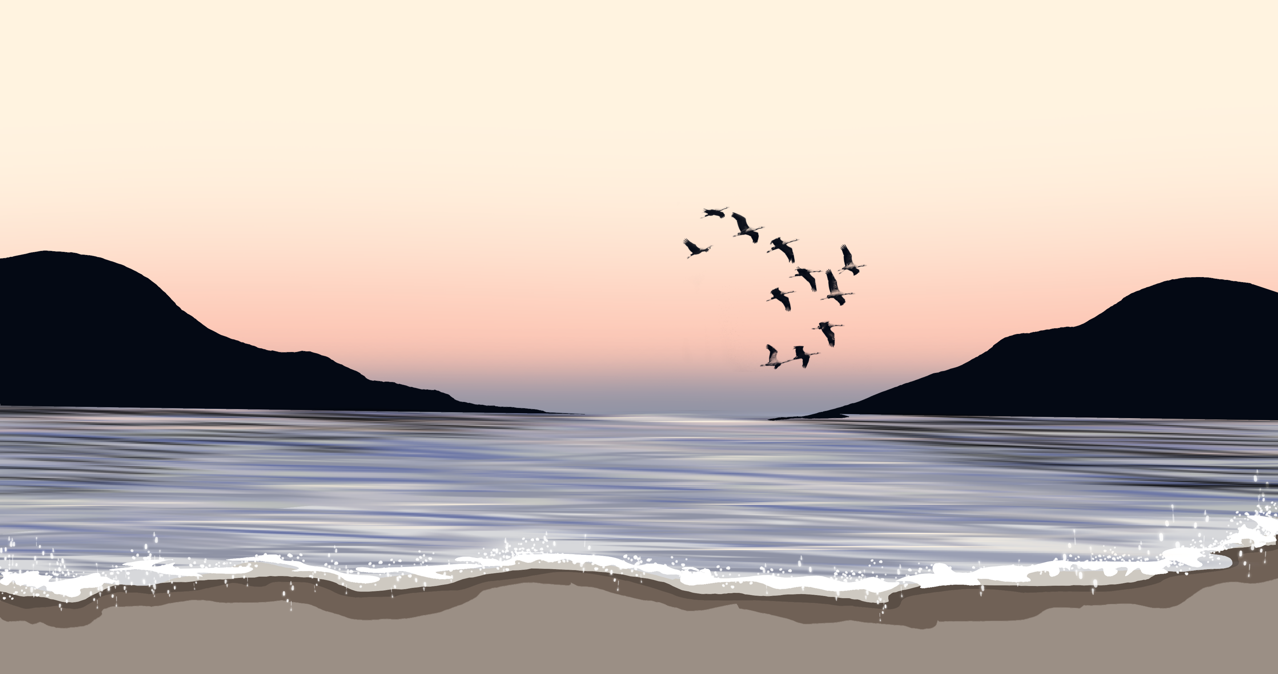 Flock of birds flying over a calm sea at sunset HD Wallpaper