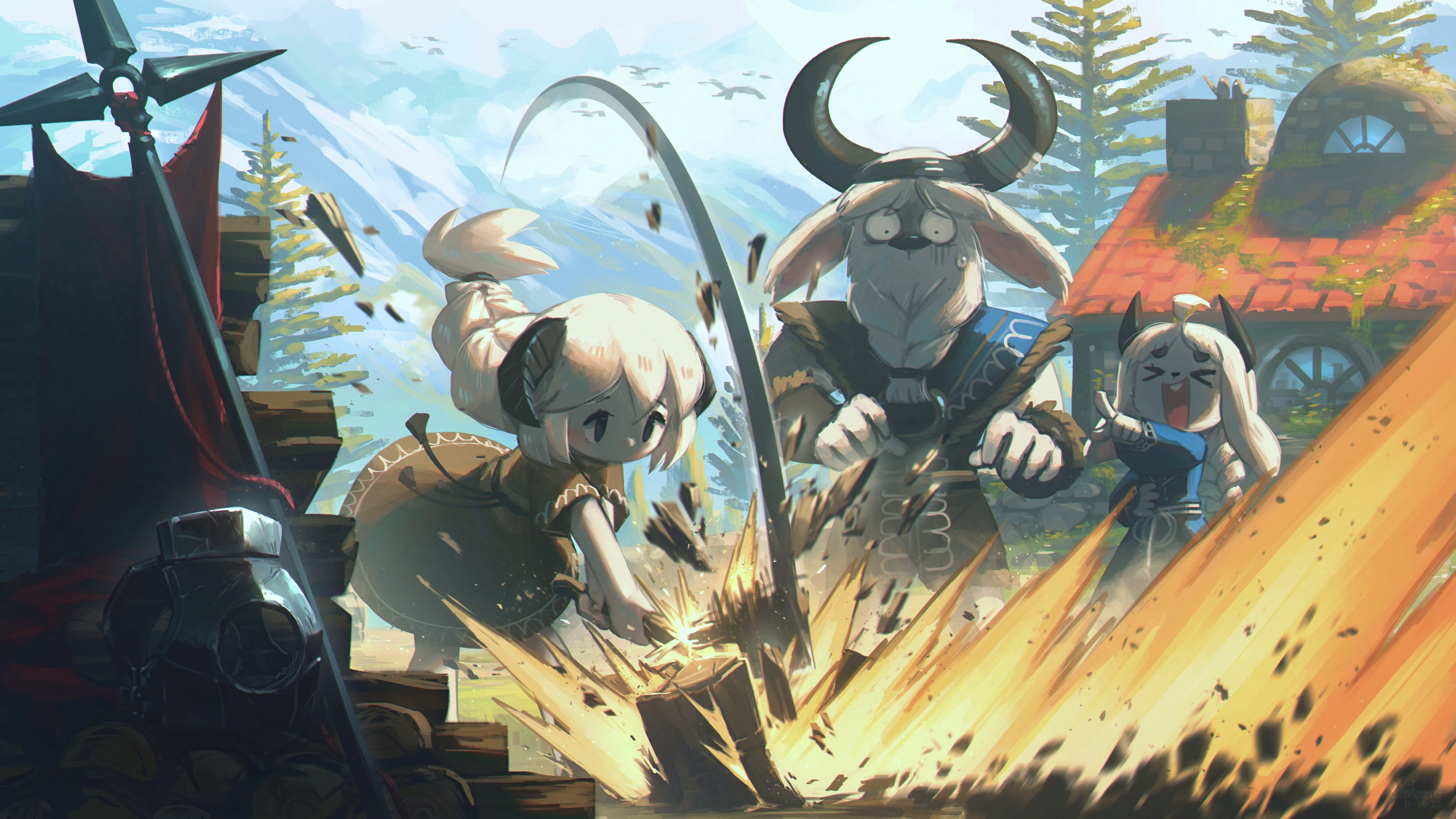 Horned Girl Chopping Wood by Porforever HD Wallpaper