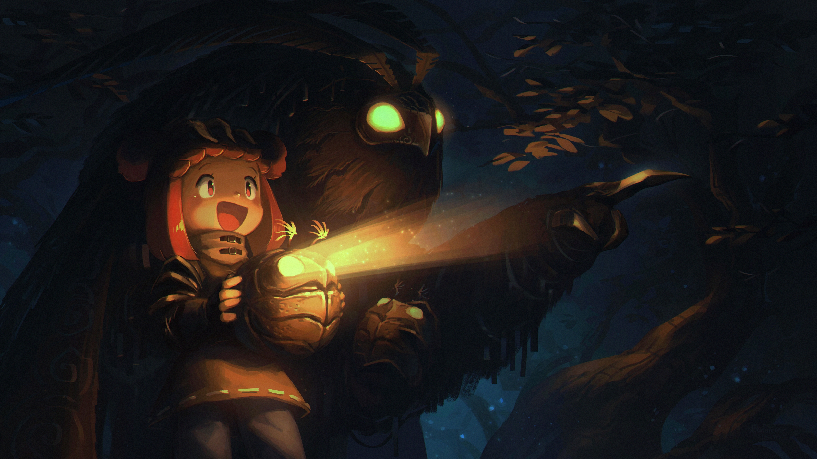 Girl with Lantern and Giant Creature in Dark Forest HD Wallpaper