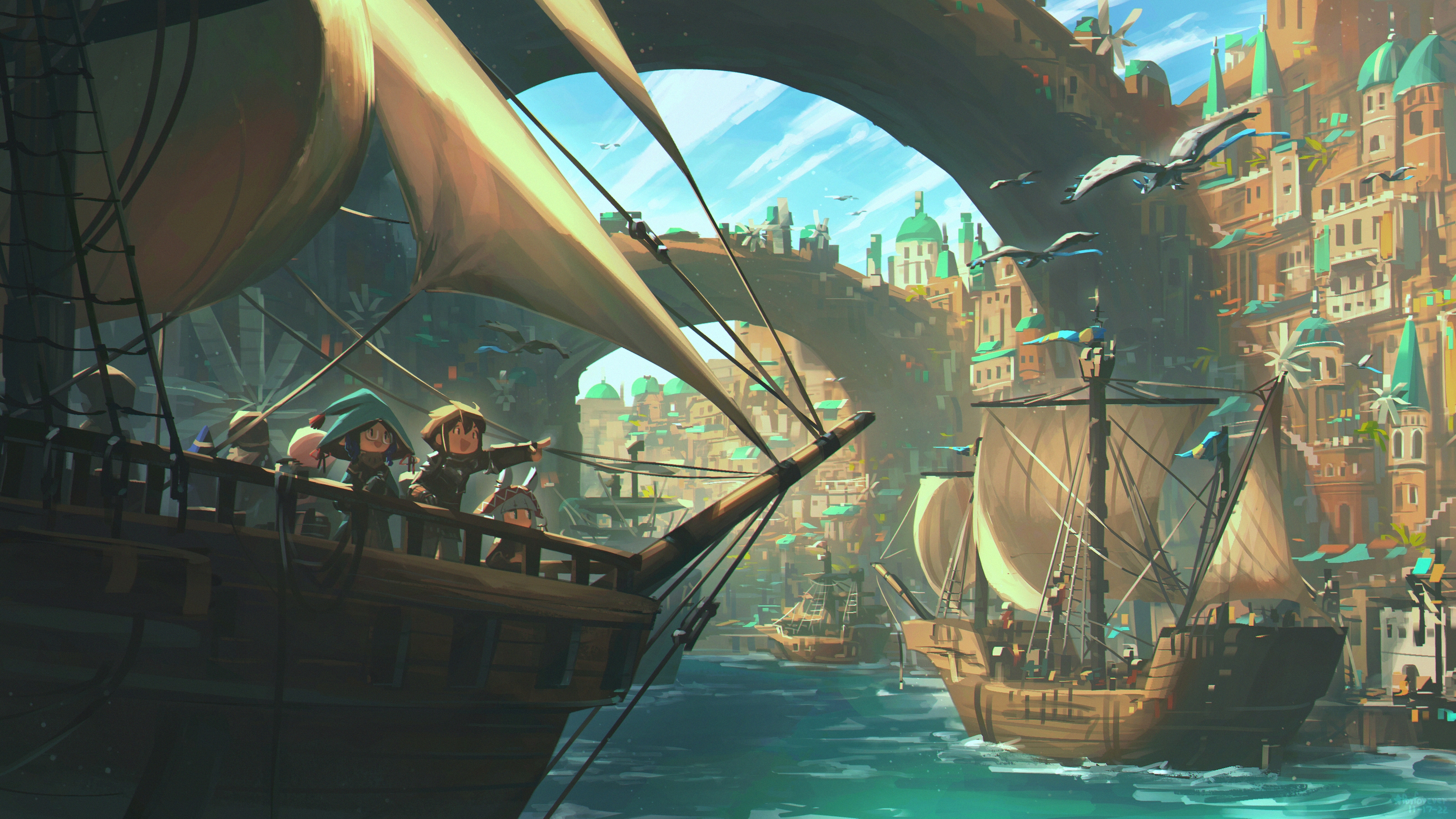 Anime Characters on a Ship Sailing into a Harbor HD Wallpaper