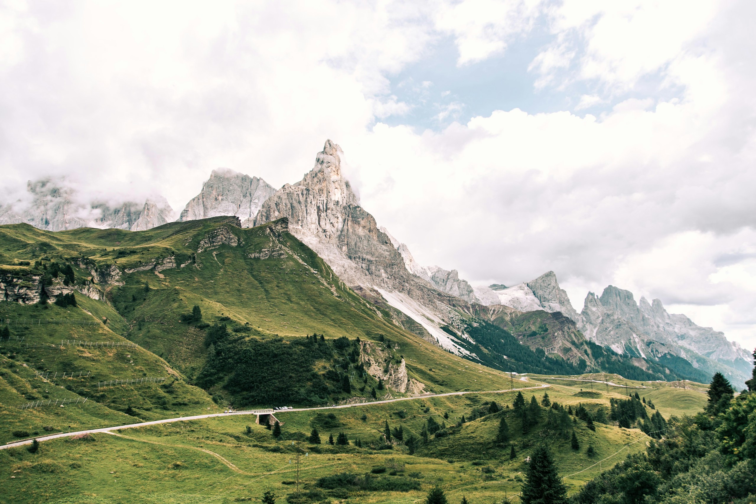 Passo Rolle Mountain Pass in the Italian Dolomites HD Wallpaper