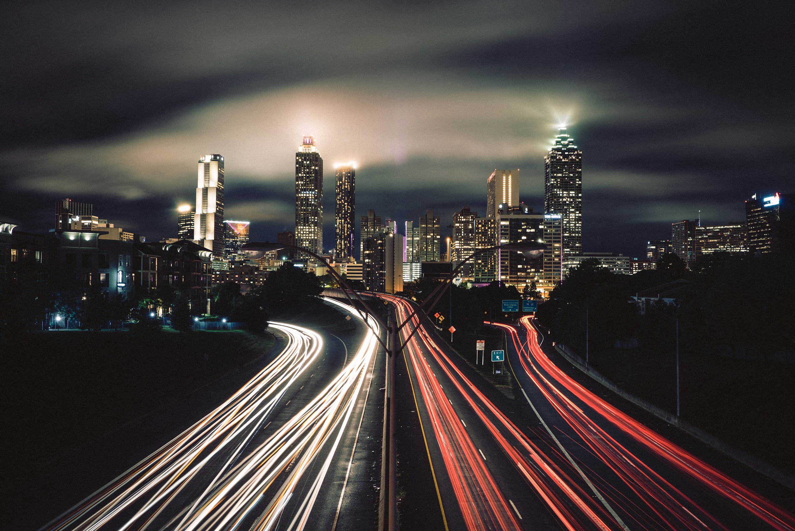 Atlanta Skyline and Highway Light Trails at Night HD Wallpaper