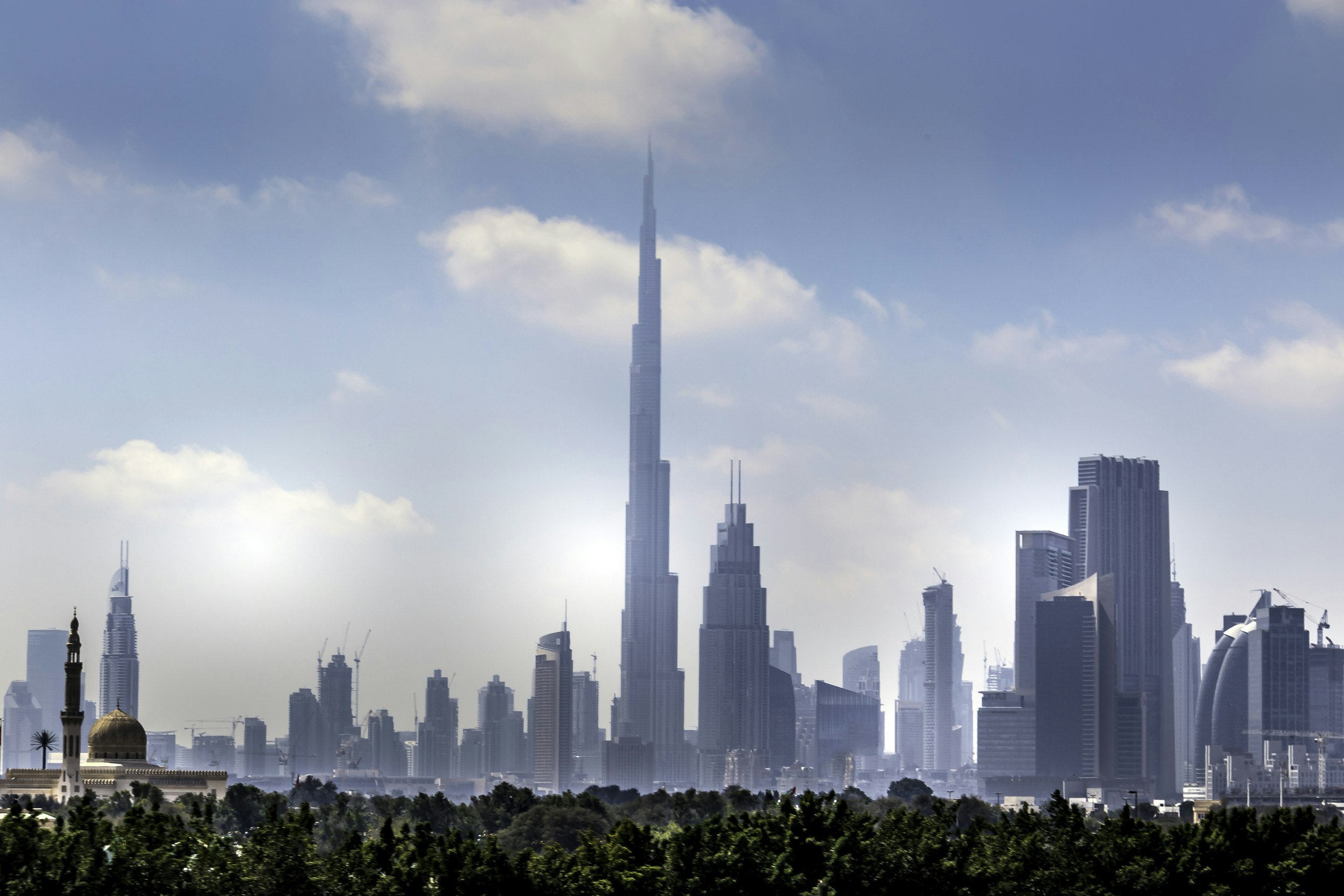 Dubai Skyline with Burj Khalifa and Mosque HD Wallpaper