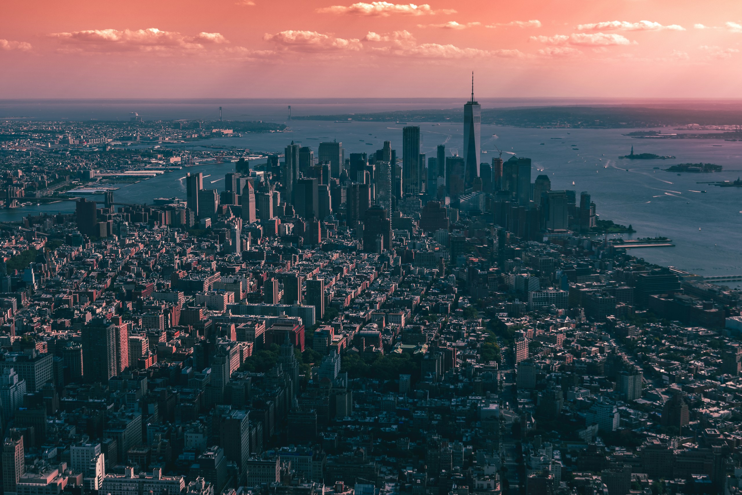 Aerial View of Lower Manhattan Skyline at Sunset HD Wallpaper