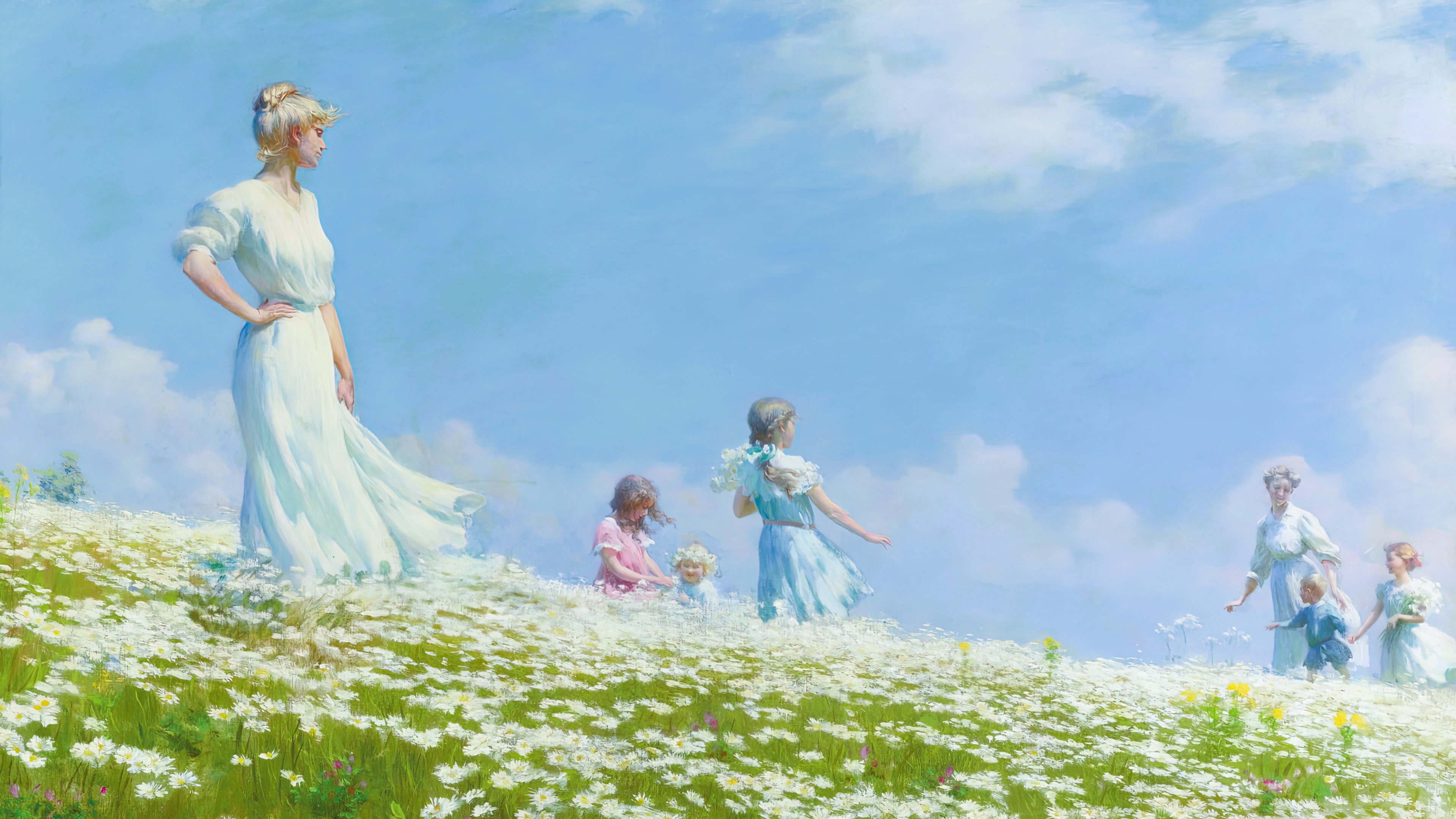 Painting of women and children in a daisy field HD Wallpaper