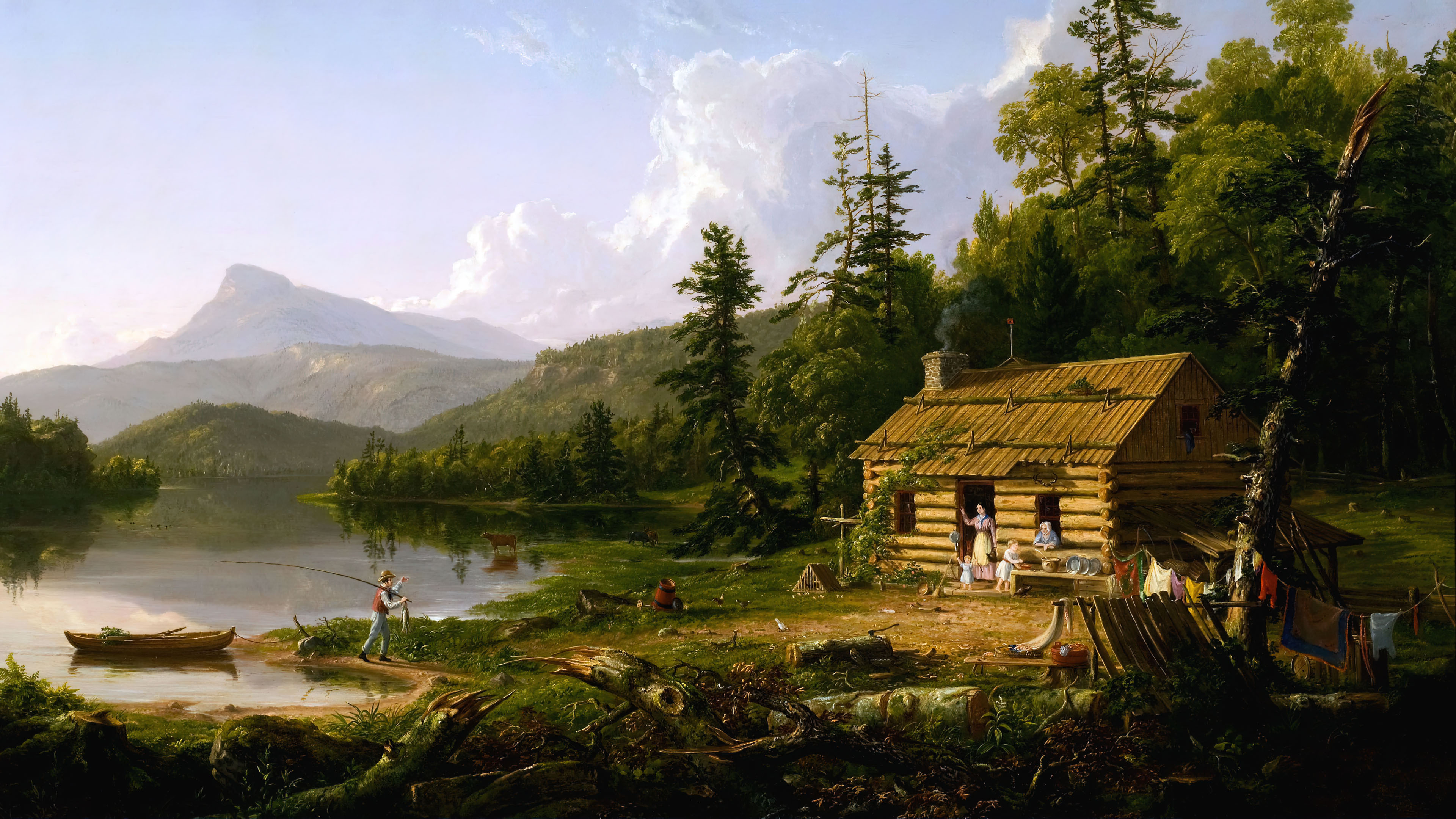 Classic Oil Painting of a Log Cabin by a Lake HD Wallpaper