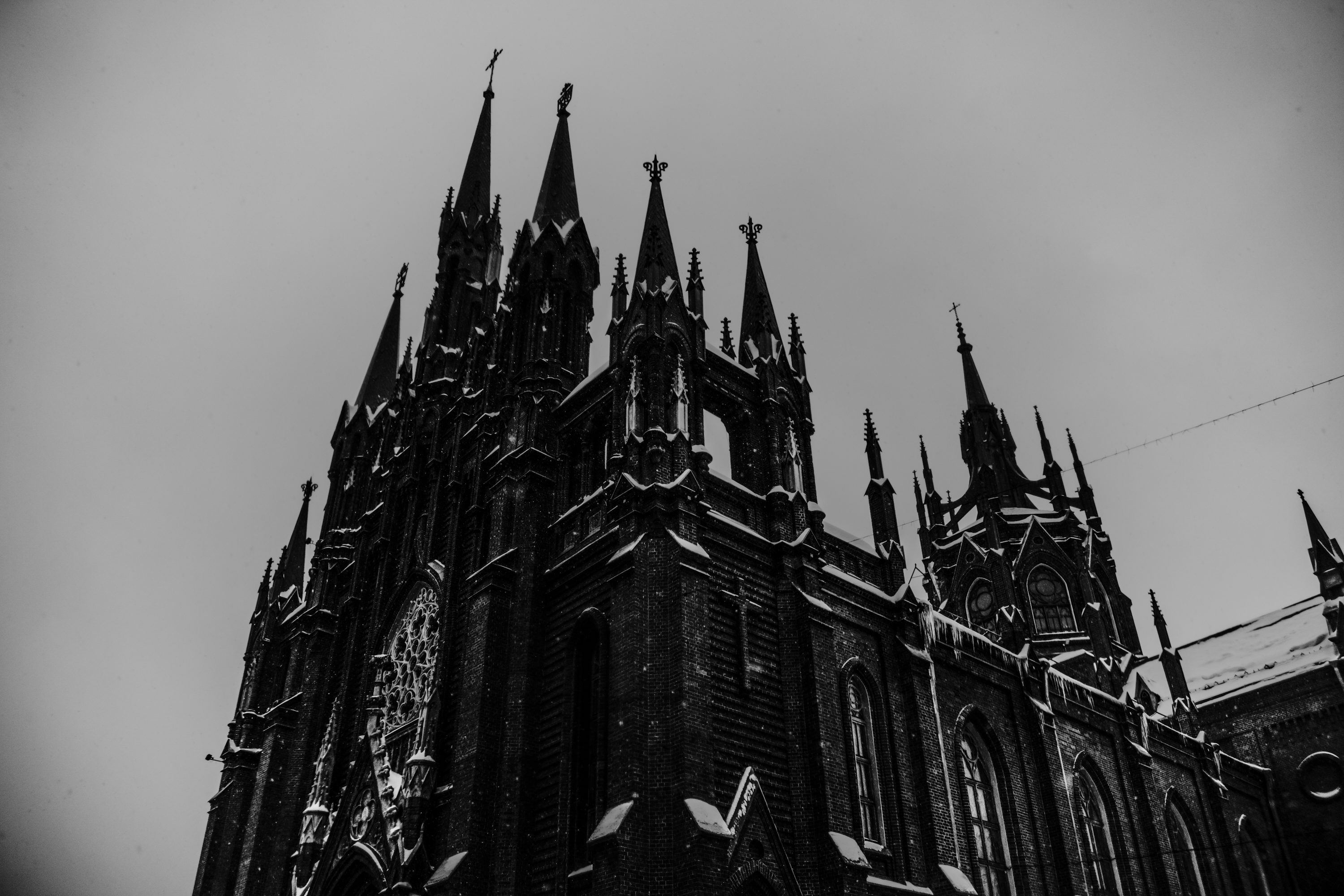 Gothic Cathedral in Black and White Winter HD Wallpaper