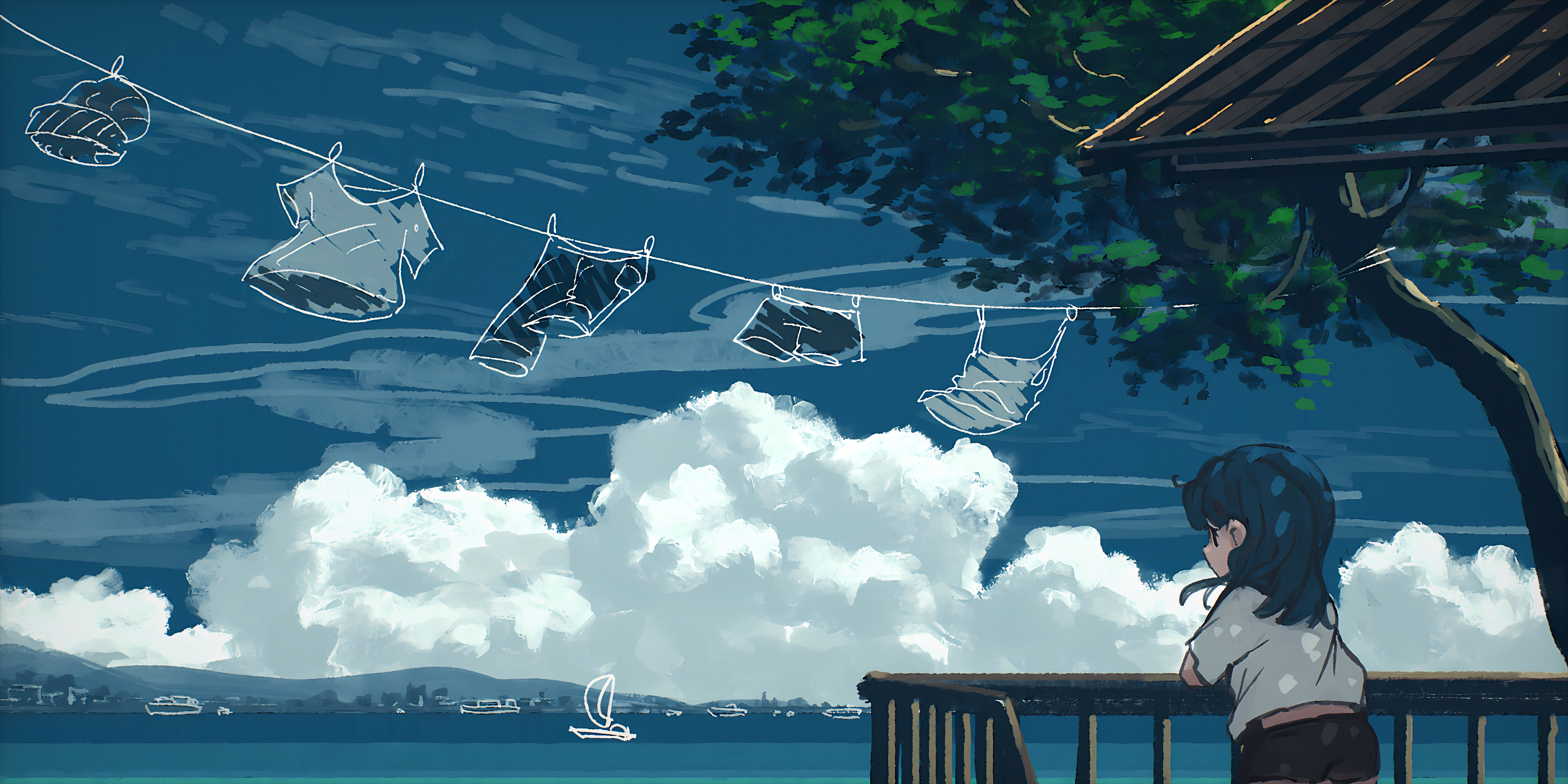 Anime Girl on Balcony Looking at Sea and Clouds HD Wallpaper
