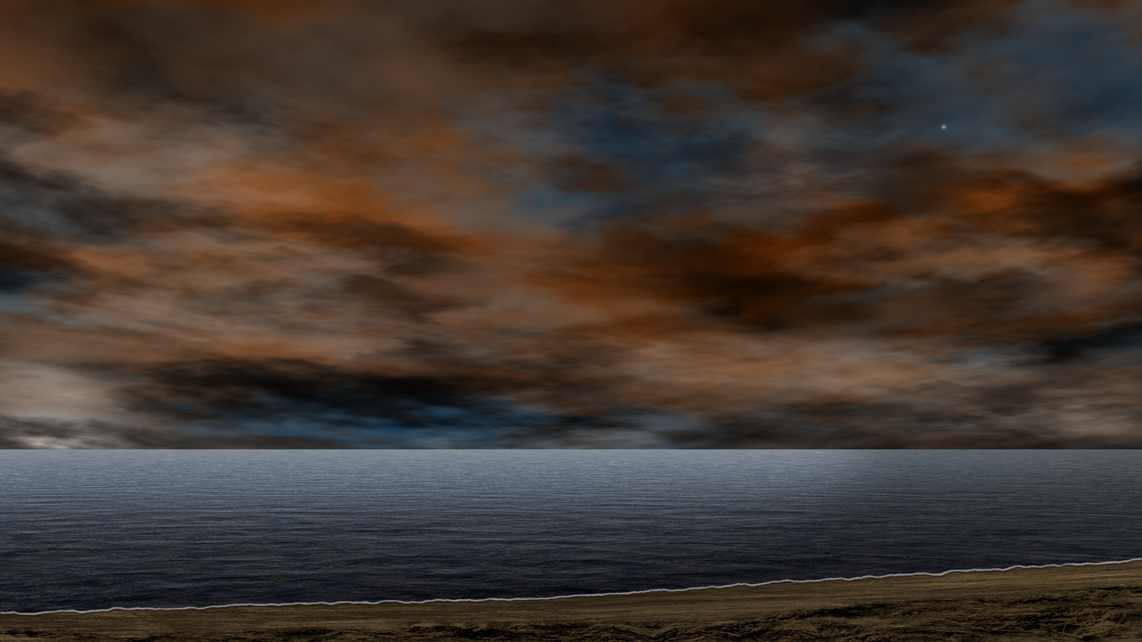 Dark cloudy sky over a calm ocean and sandy beach HD Wallpaper