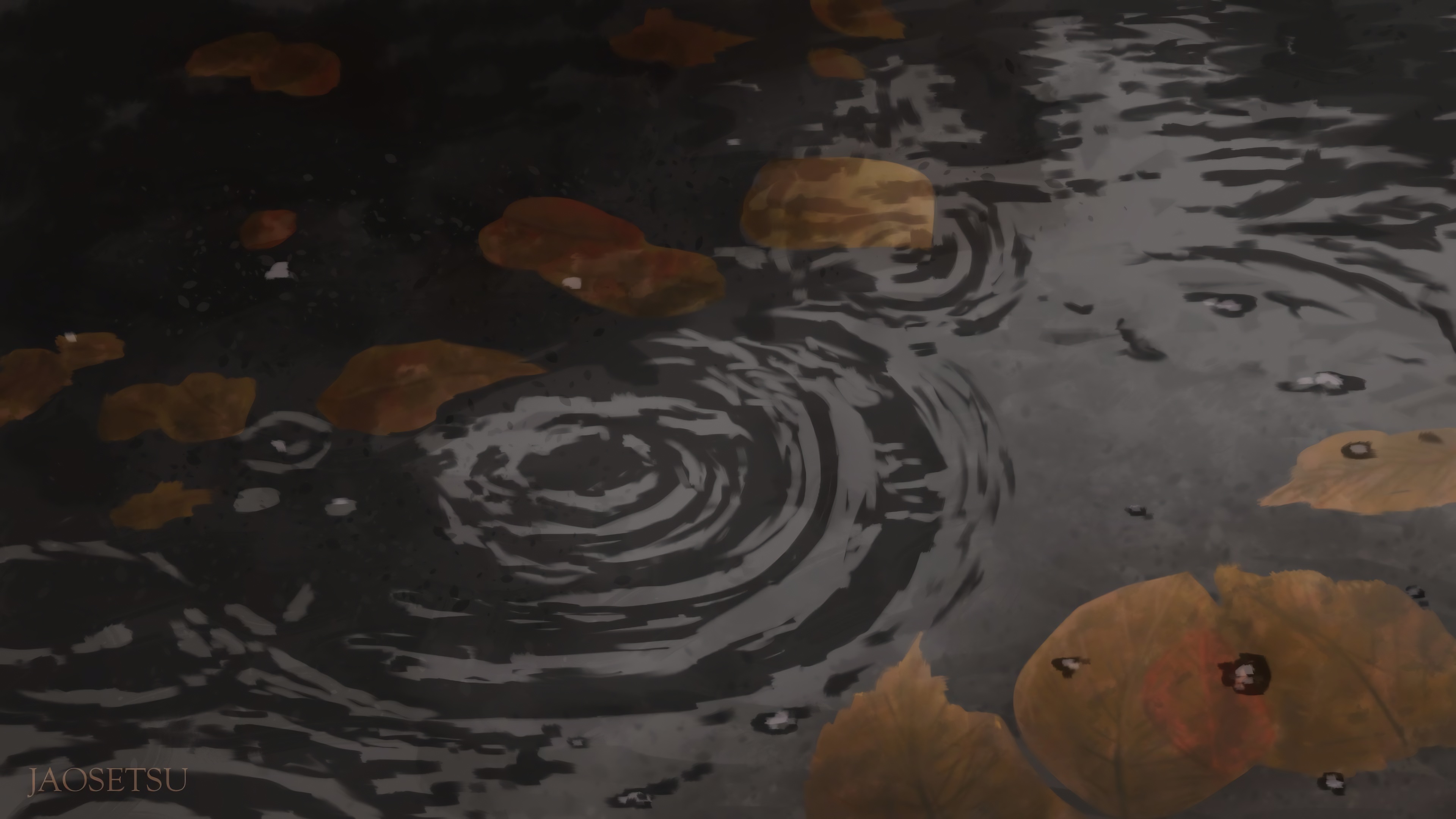 Autumn leaves floating on a rainy puddle HD Wallpaper