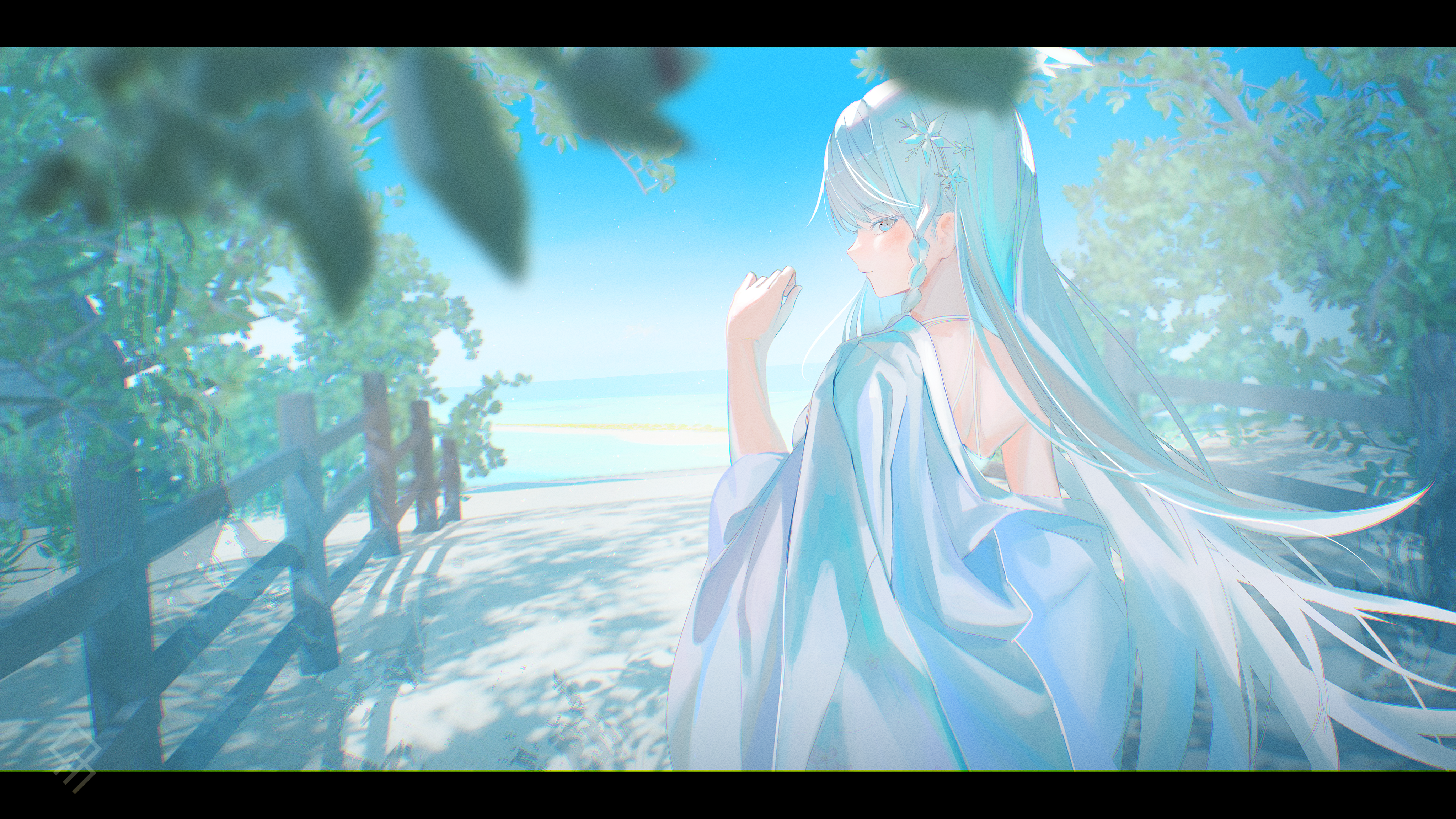 Anime girl with light blue hair on a beach HD Wallpaper