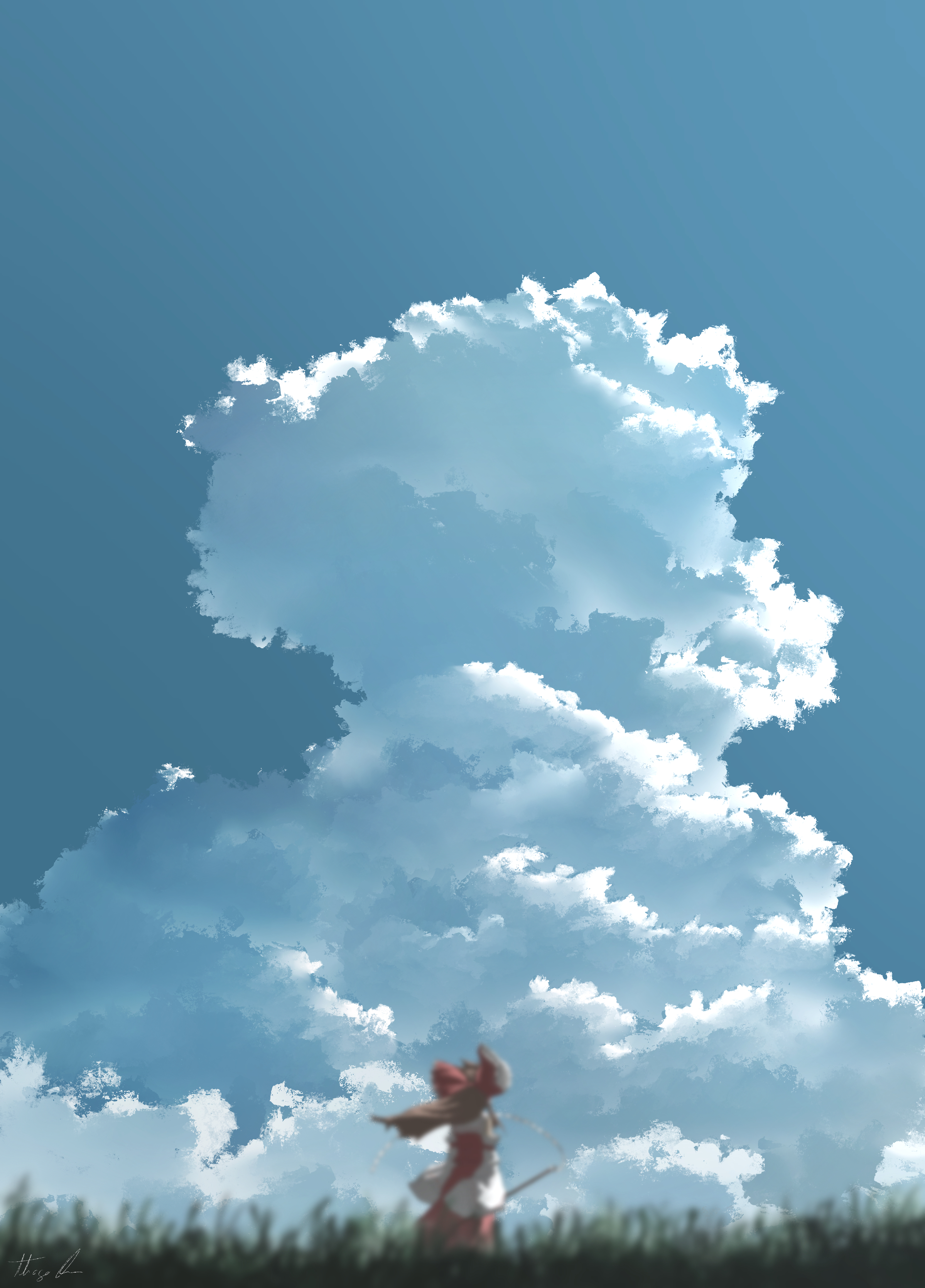Reimu Hakurei from Touhou Project under a massive cloud HD Wallpaper