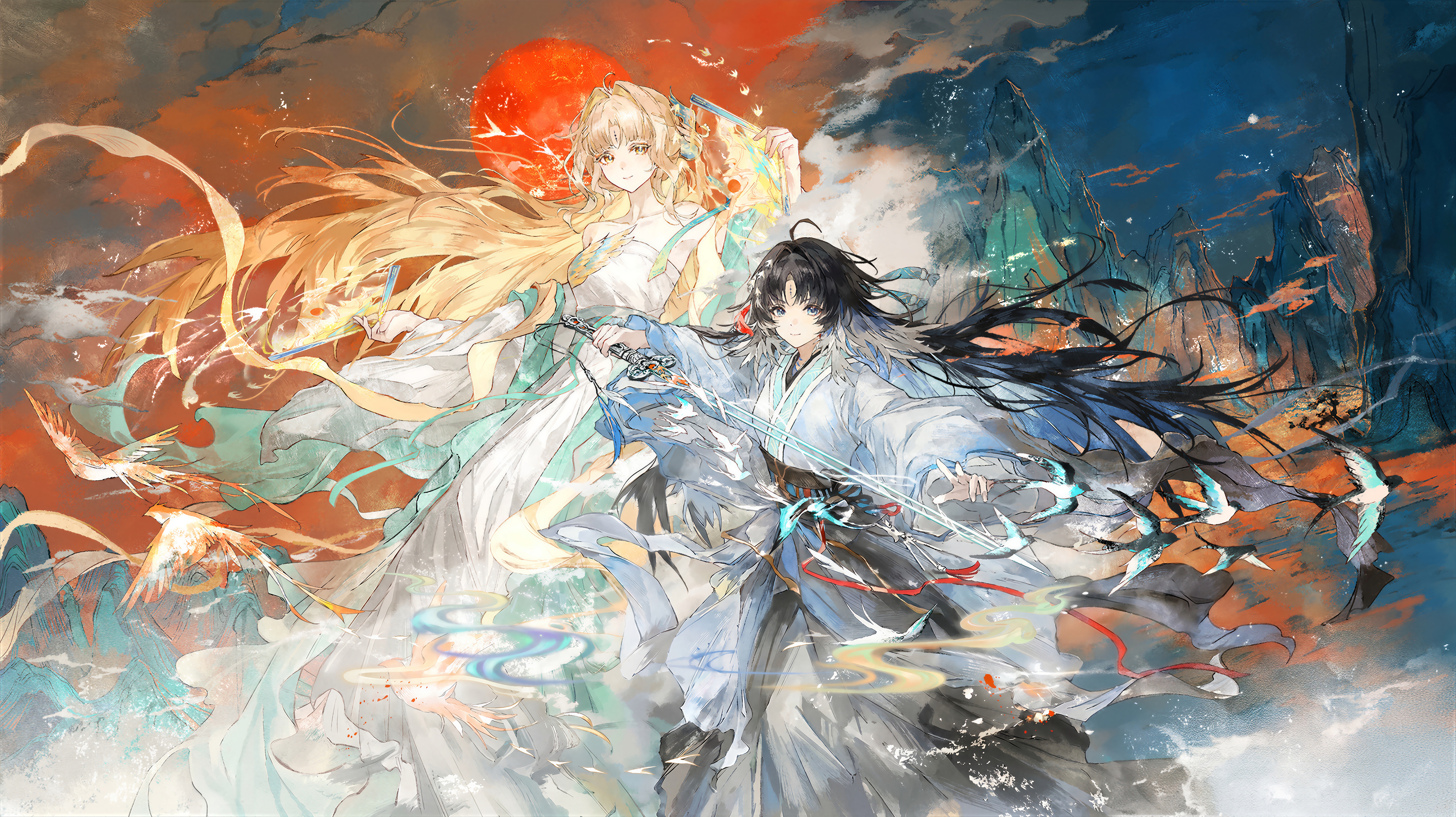 Two Anime Characters in Traditional Chinese Robes HD Wallpaper