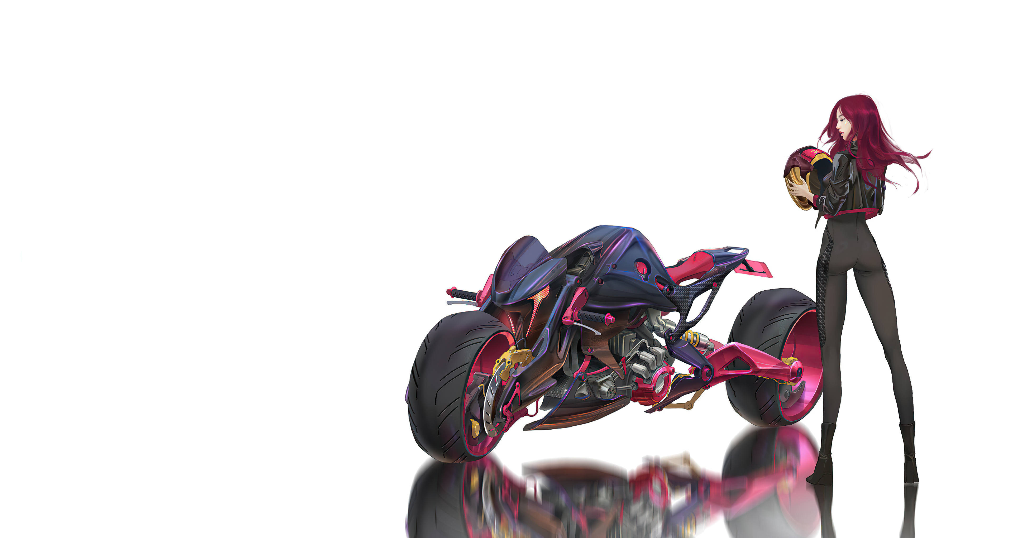 Futuristic Sci-Fi Motorcycle and Red-Haired Female Rider HD Wallpaper