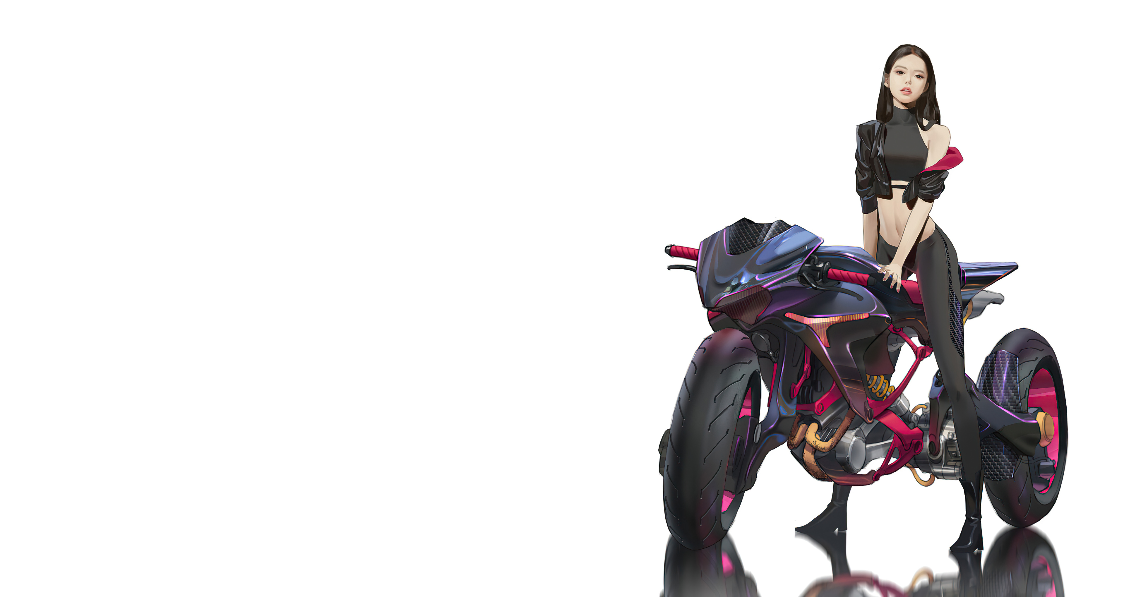 Anime Girl with Futuristic Purple and Pink Motorcycle HD Wallpaper