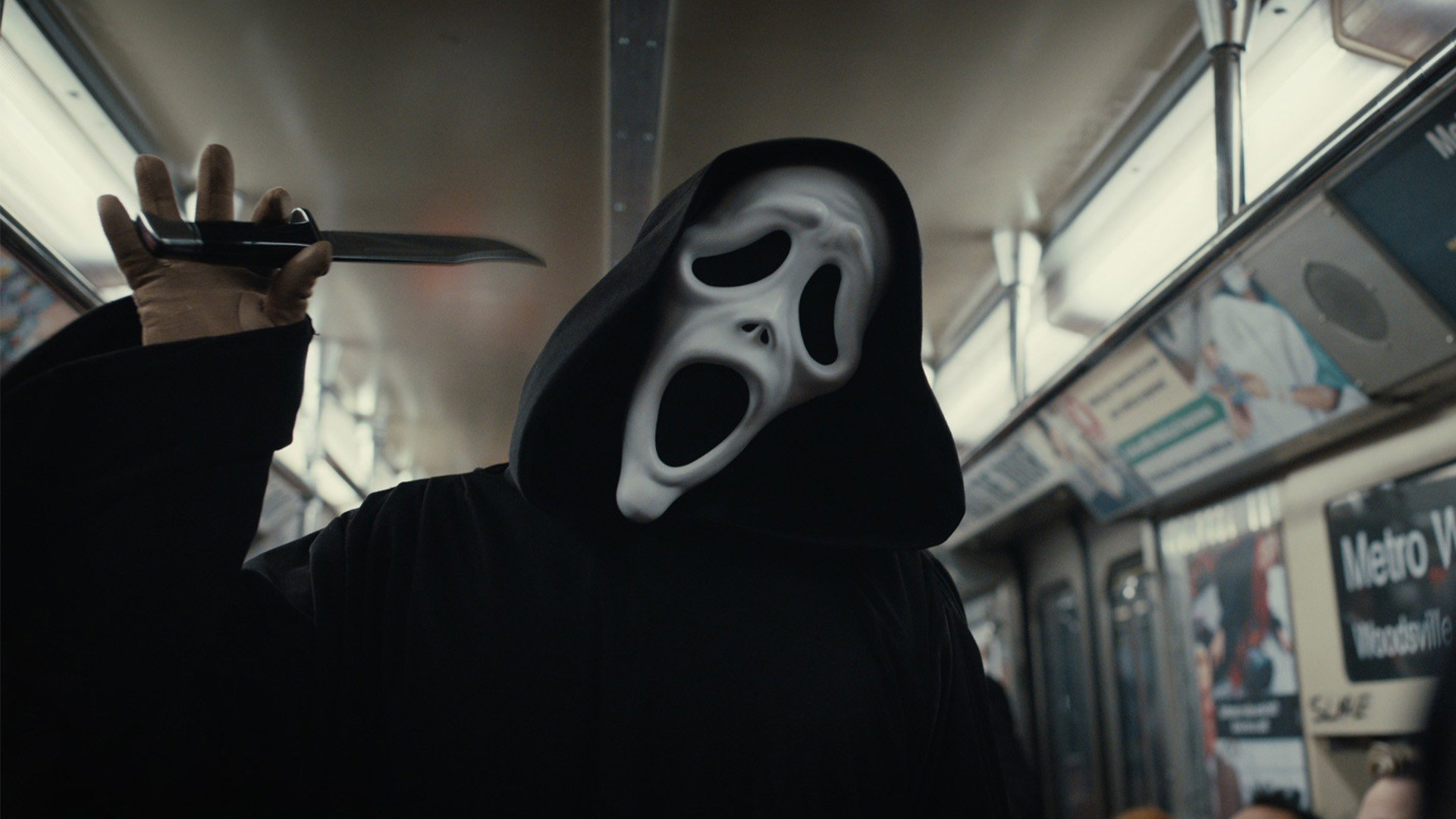 Ghostface holding a knife in a subway from Scream VI HD Wallpaper
