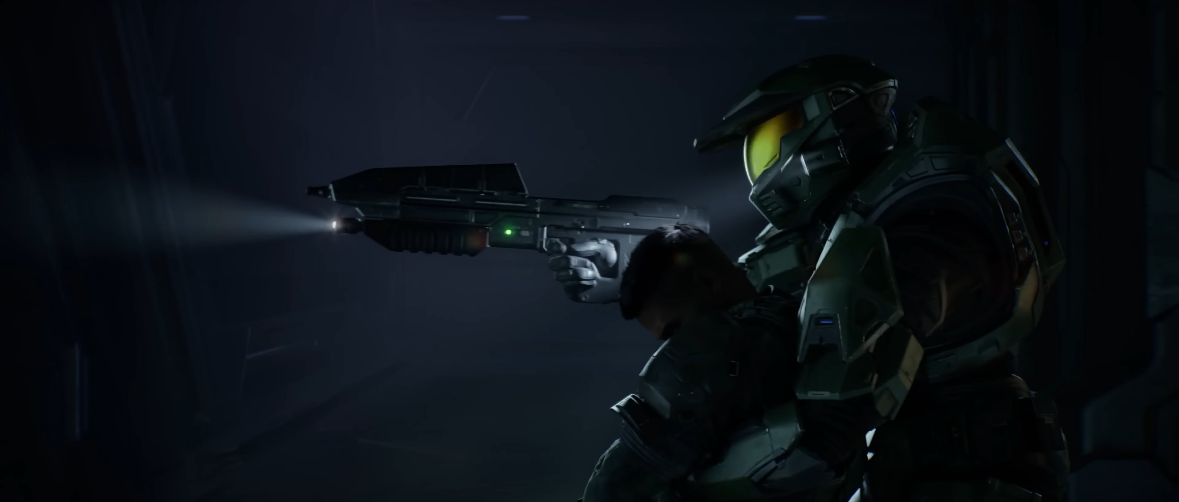 Master Chief holding a soldier in Halo Infinite HD Wallpaper