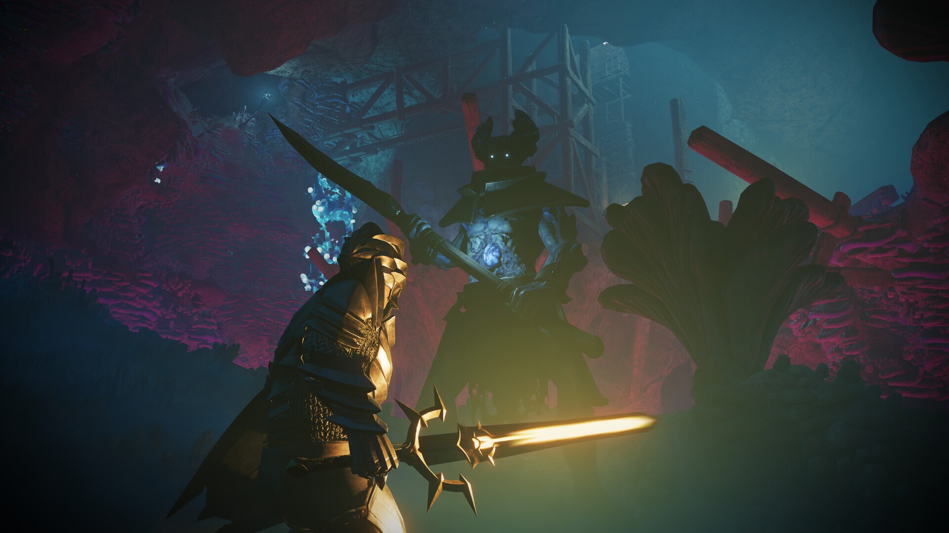 Knight with glowing sword facing horned boss in Enshrouded HD Wallpaper