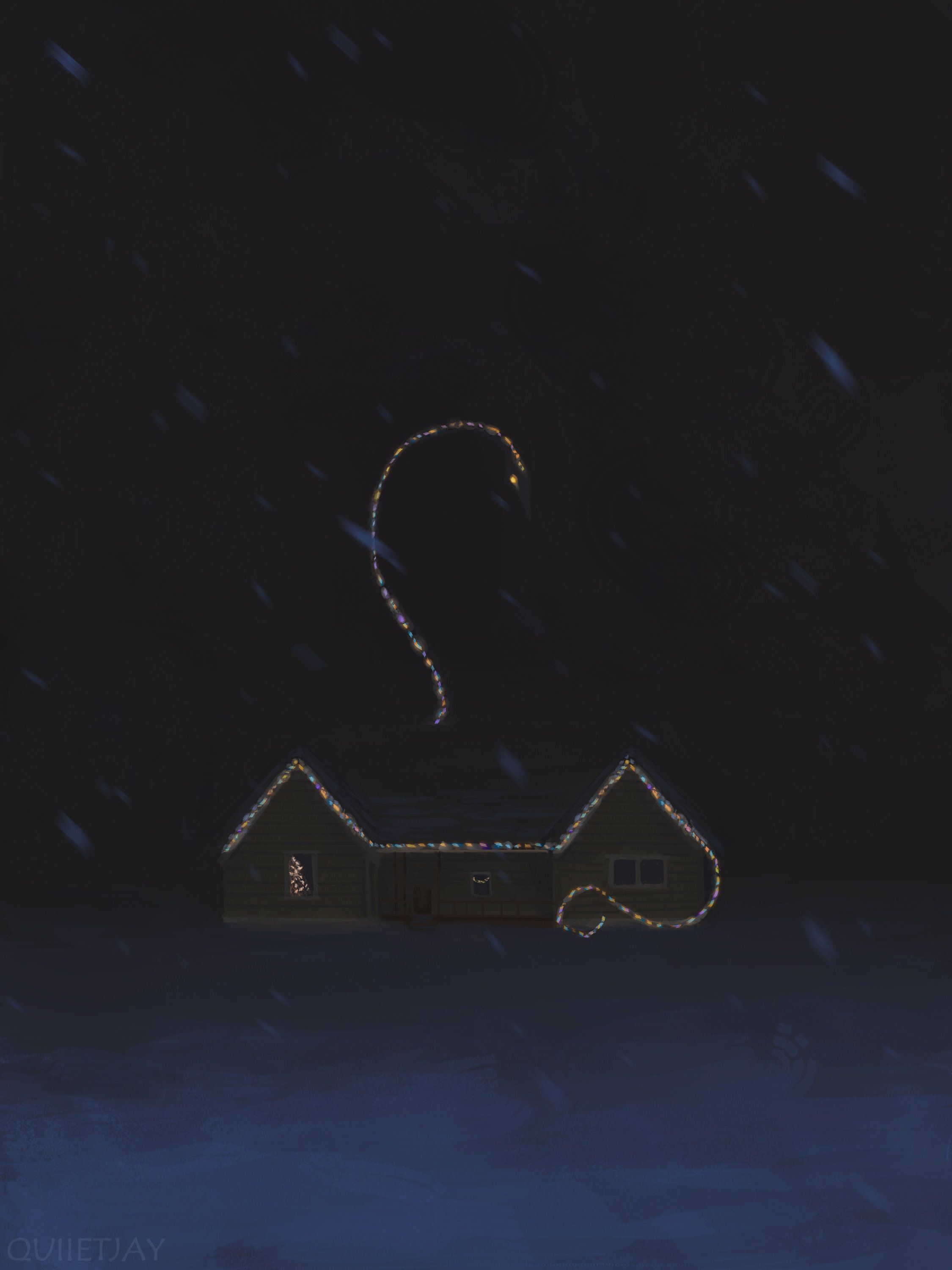 Giant Christmas Light Serpent Over a House HD Wallpaper
