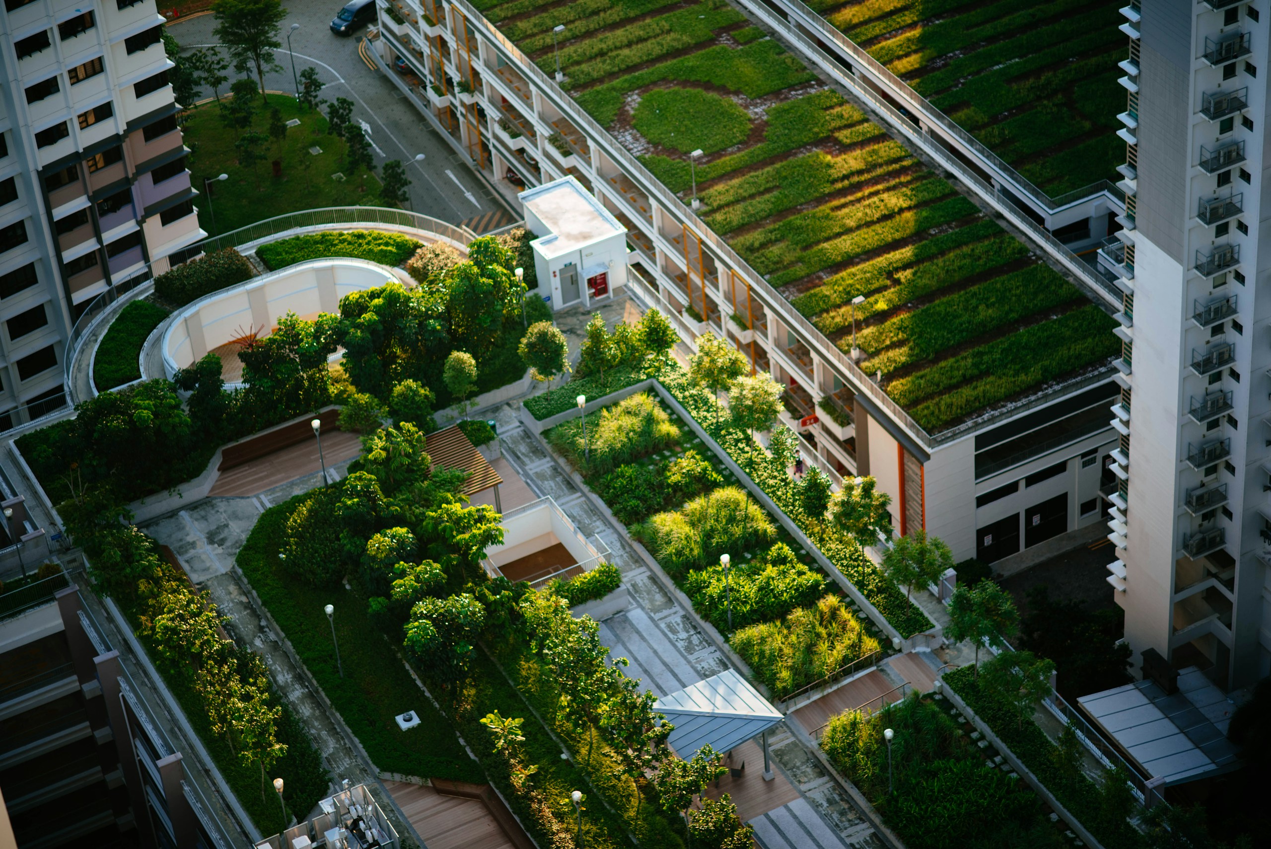 Aerial View of Modern Buildings with Rooftop Gardens HD Wallpaper