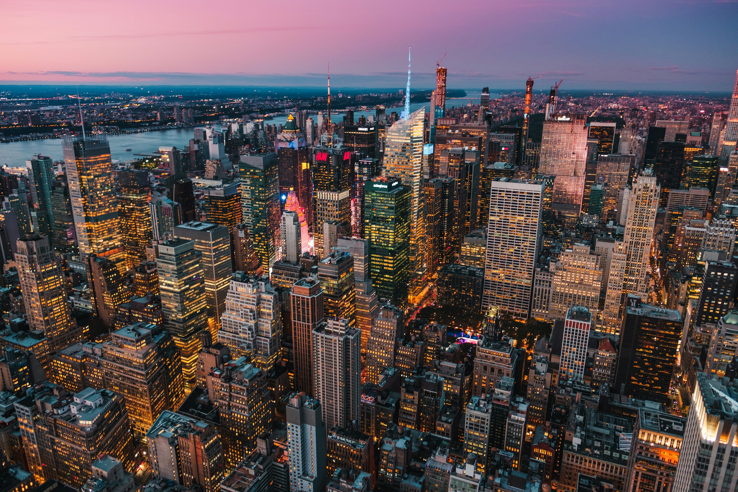 Aerial View of Manhattan Skyline at Dusk HD Wallpaper