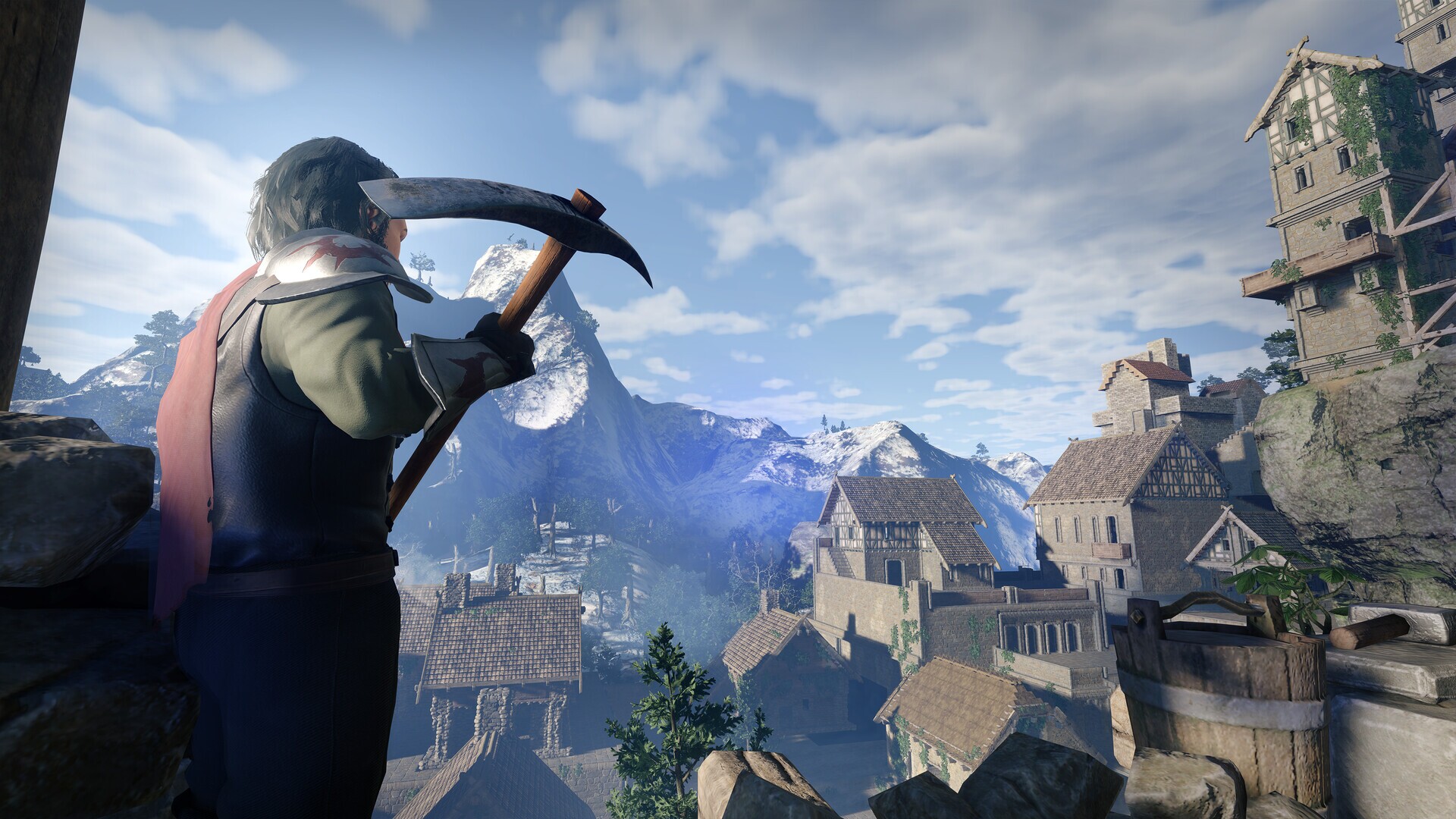 Character with Pickaxe Overlooking Village in Enshrouded HD Wallpaper