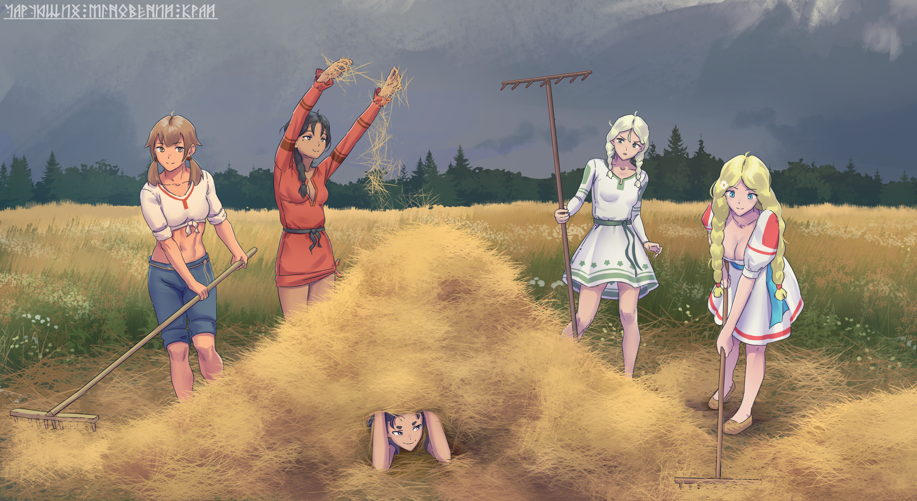 Anime Girls Harvesting Hay in a Field HD Wallpaper