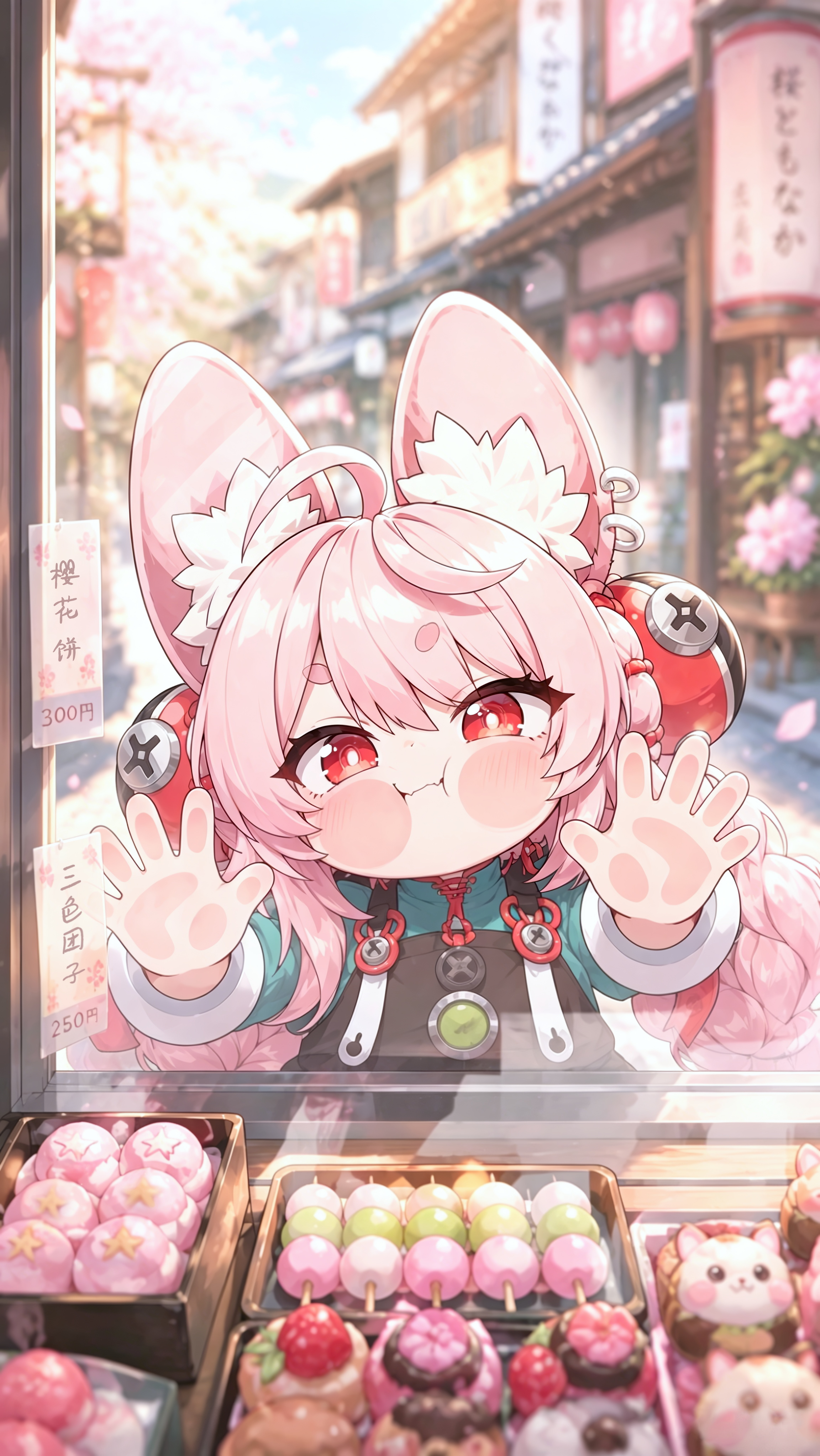 Chibi Pink-Haired Anime Girl Looking at Japanese Sweets HD Wallpaper