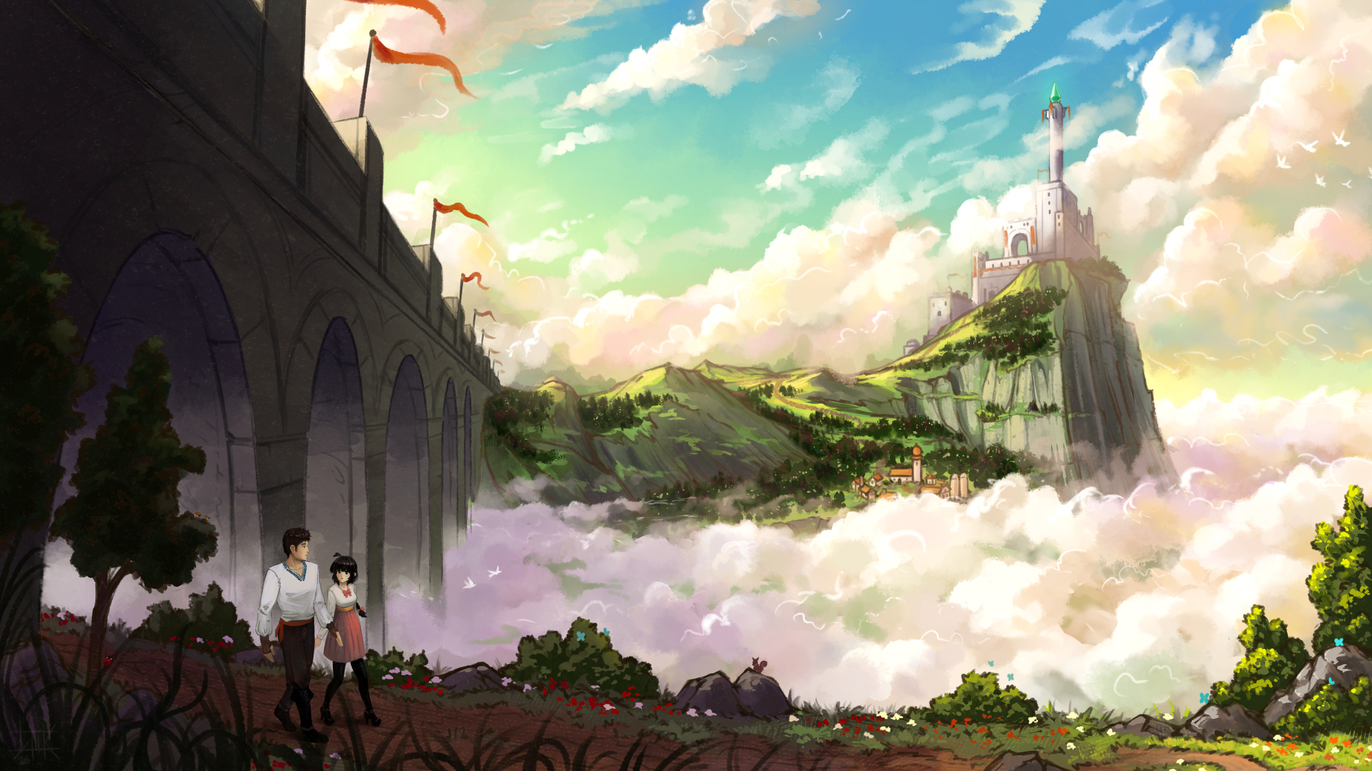Man and woman walking towards a distant castle in the clouds HD Wallpaper