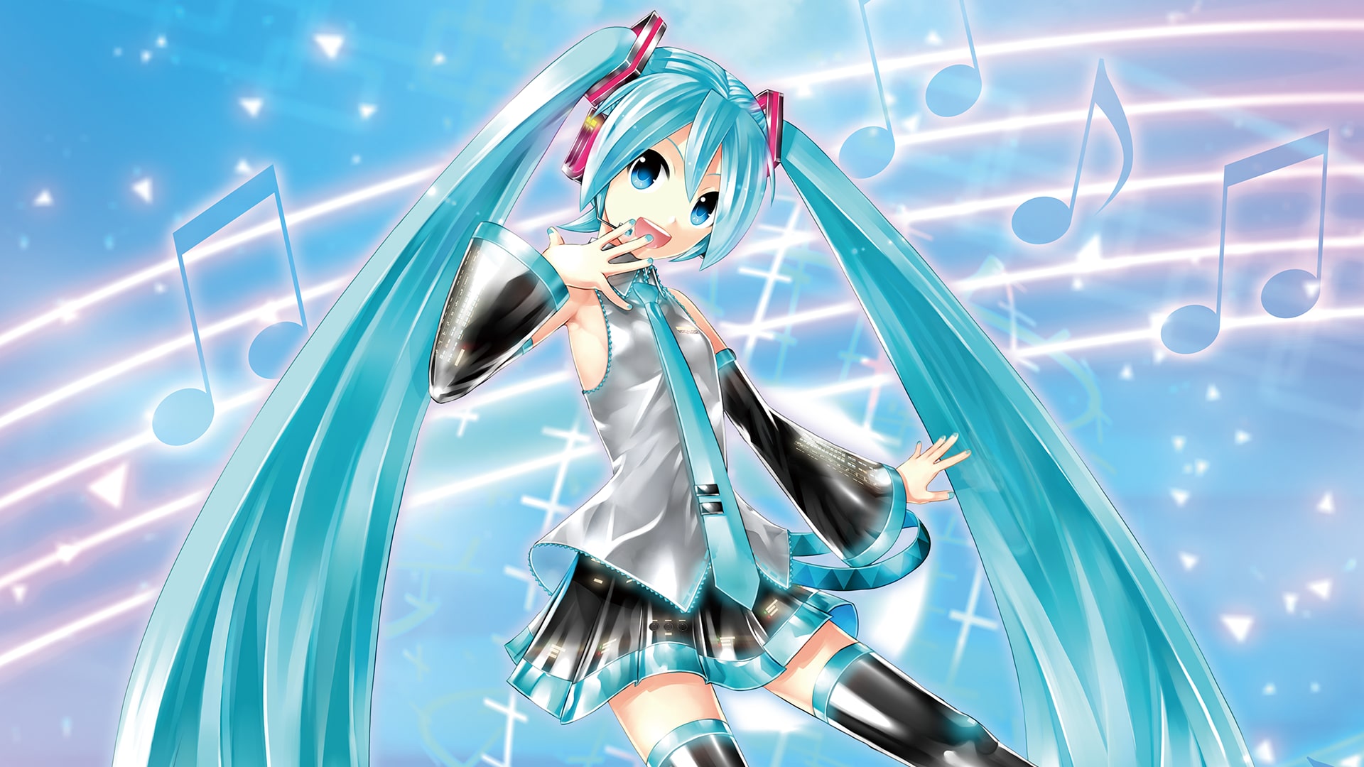 Hatsune Miku from Vocaloid with Musical Notes HD Wallpaper