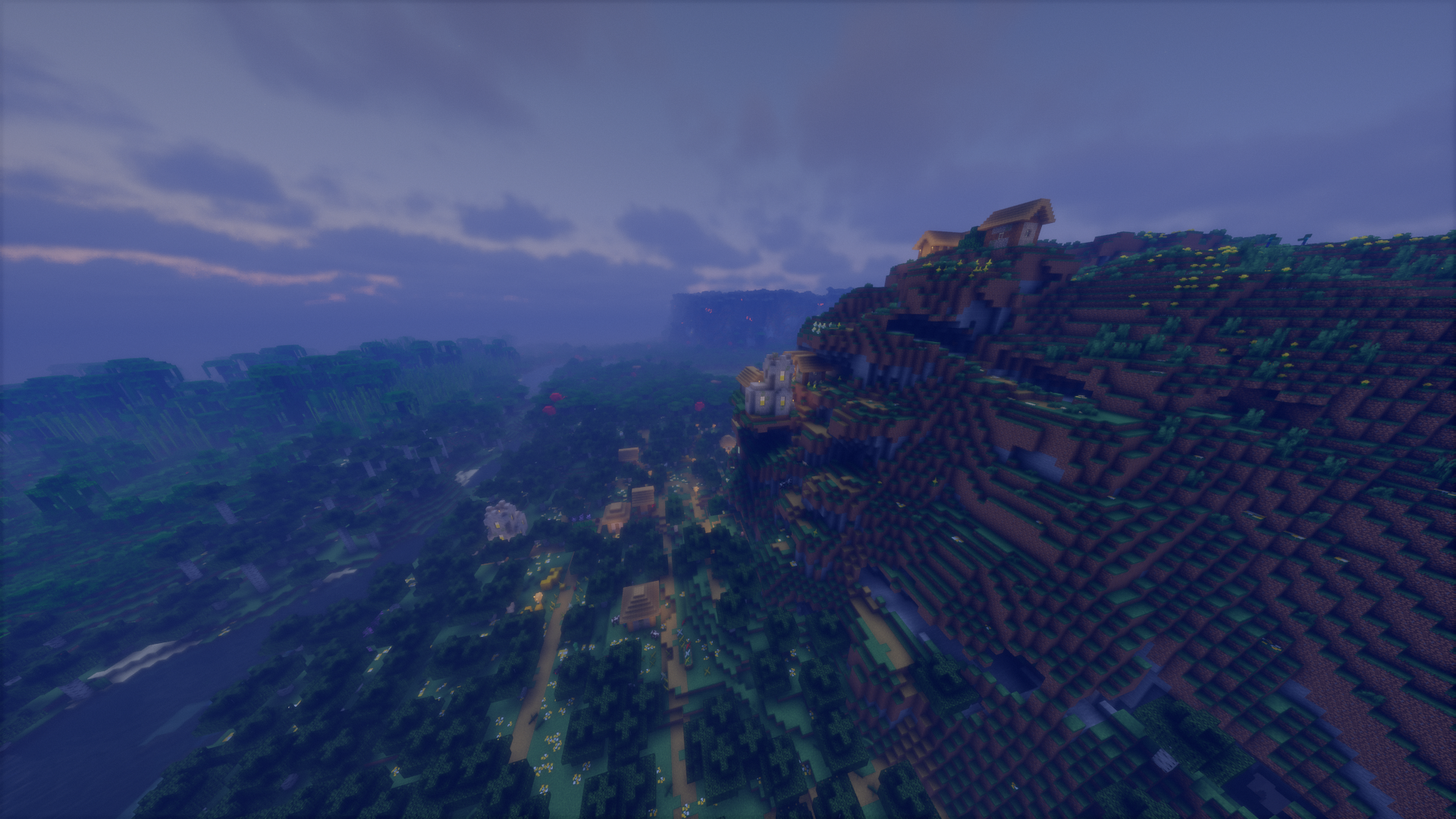 Minecraft Village on a Grassy Hillside at Twilight HD Wallpaper