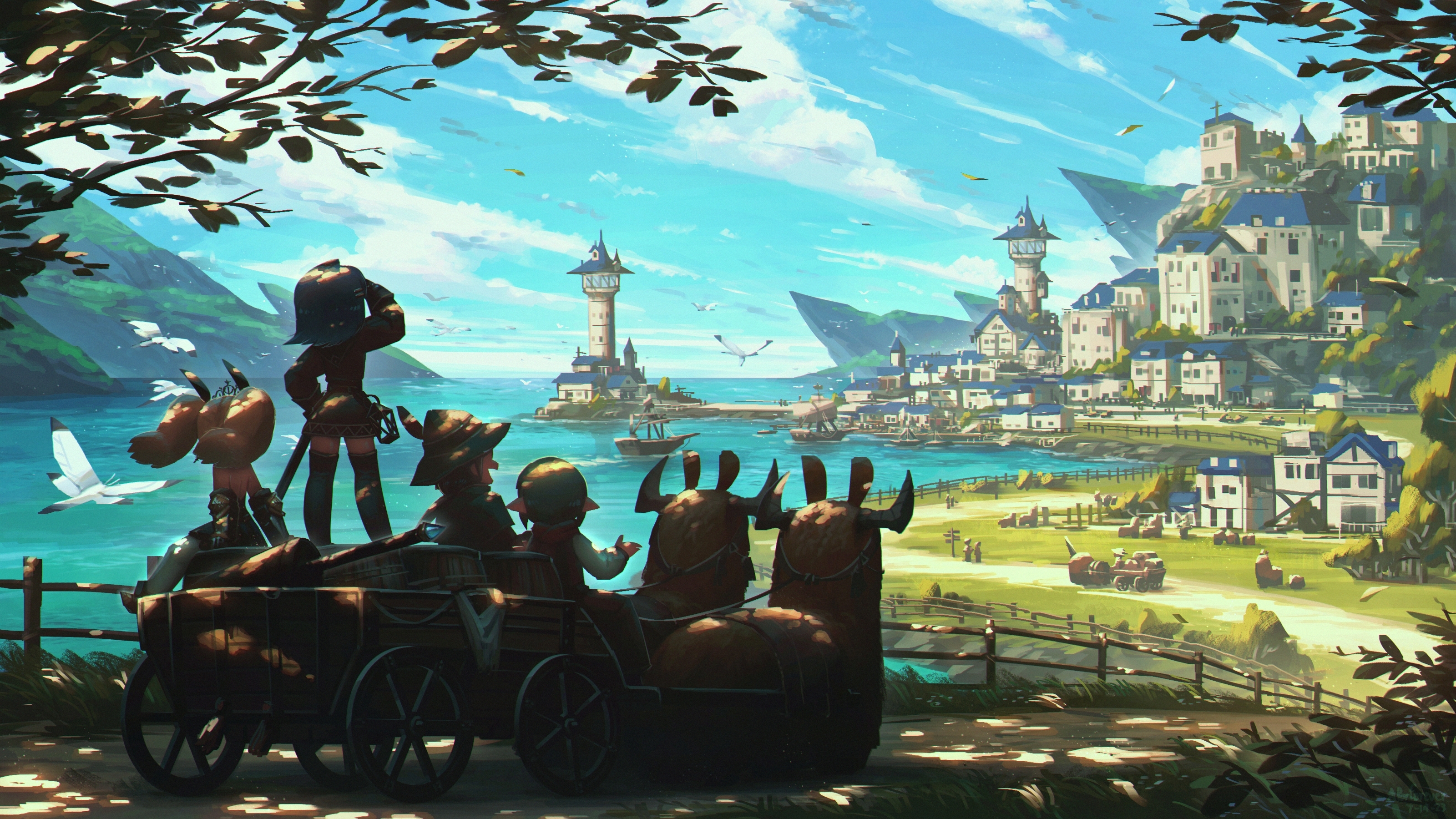 Fantasy adventurers in a cart overlooking a coastal city HD Wallpaper