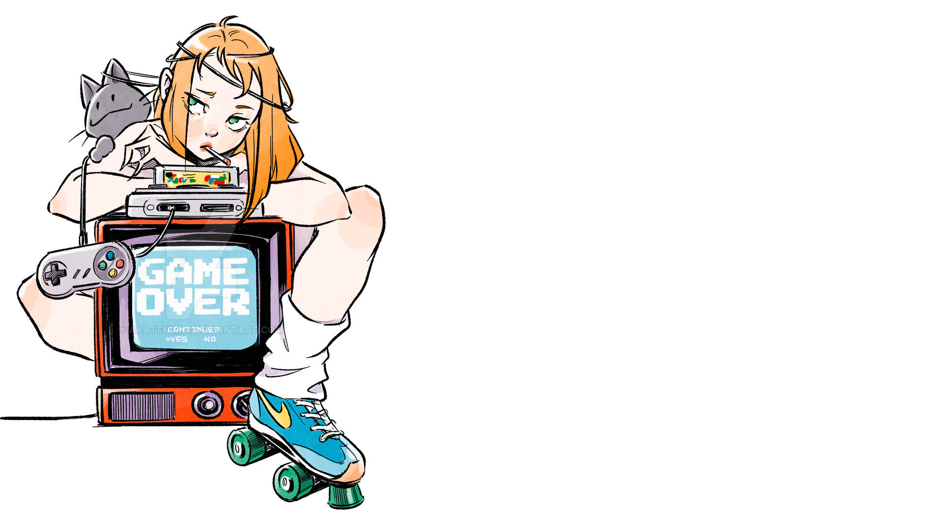 Anime Girl with Retro Game Console and Roller Skates HD Wallpaper
