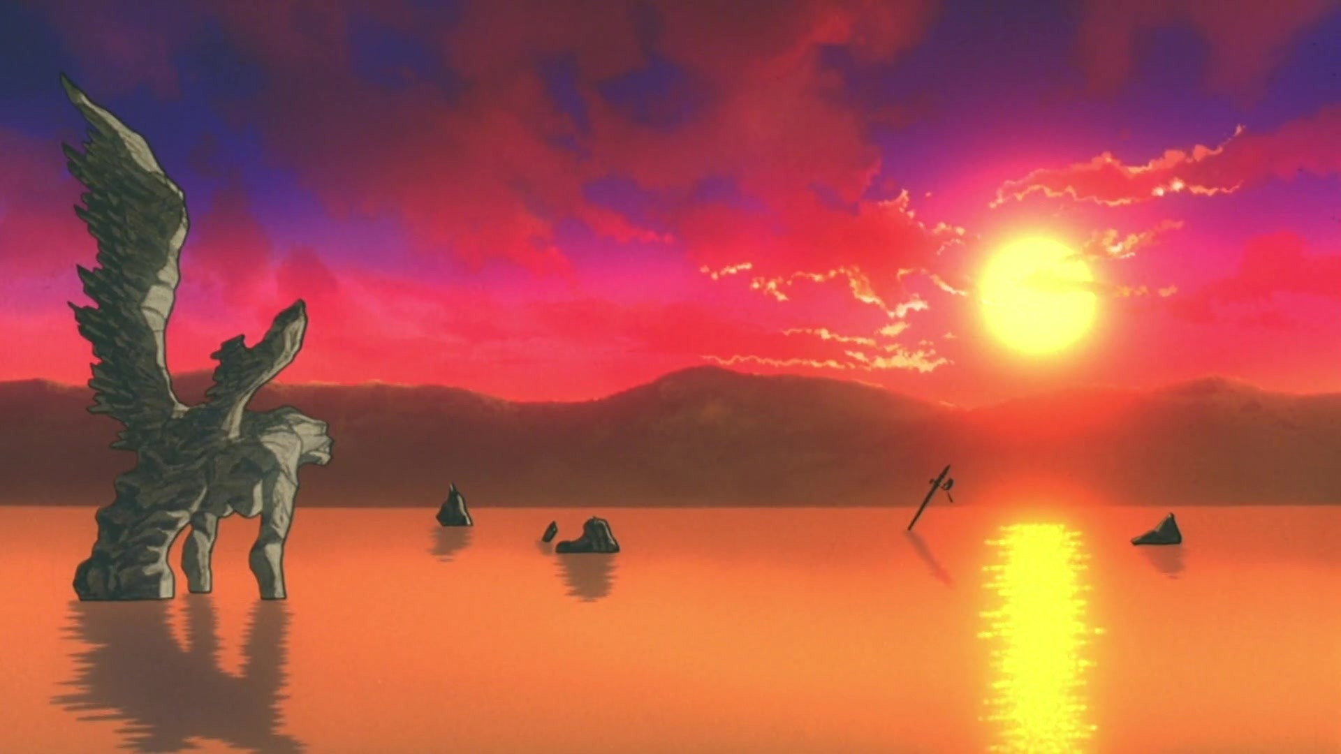 Winged statue at sunset in Neon Genesis Evangelion HD Wallpaper