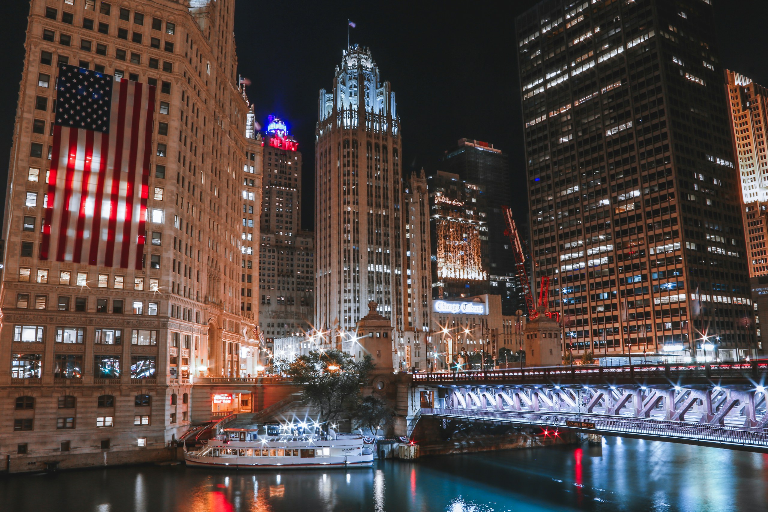Chicago Skyline and River at Night with American Flag HD Wallpaper