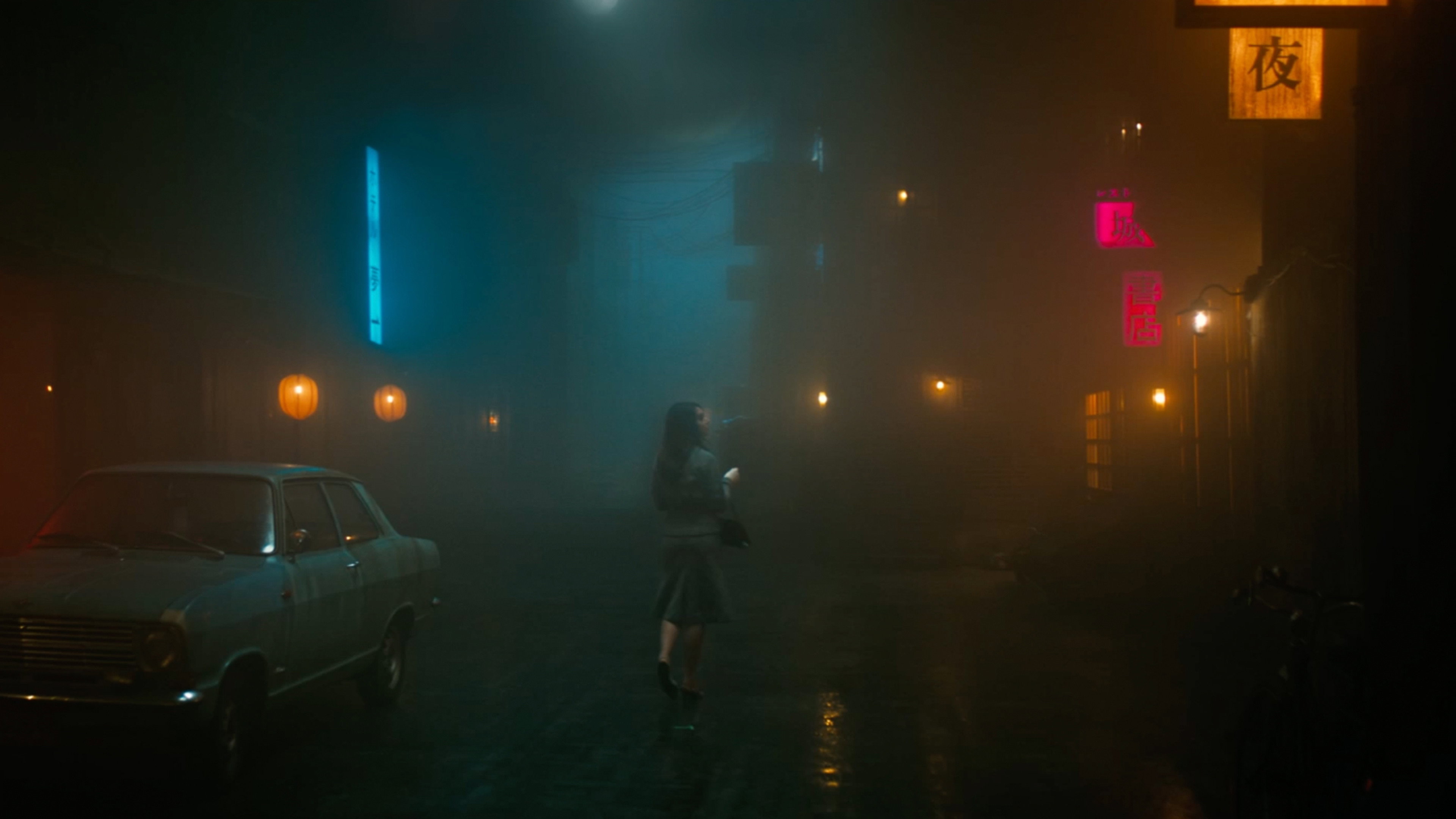 Woman on a foggy night street in Her Private Hell HD Wallpaper