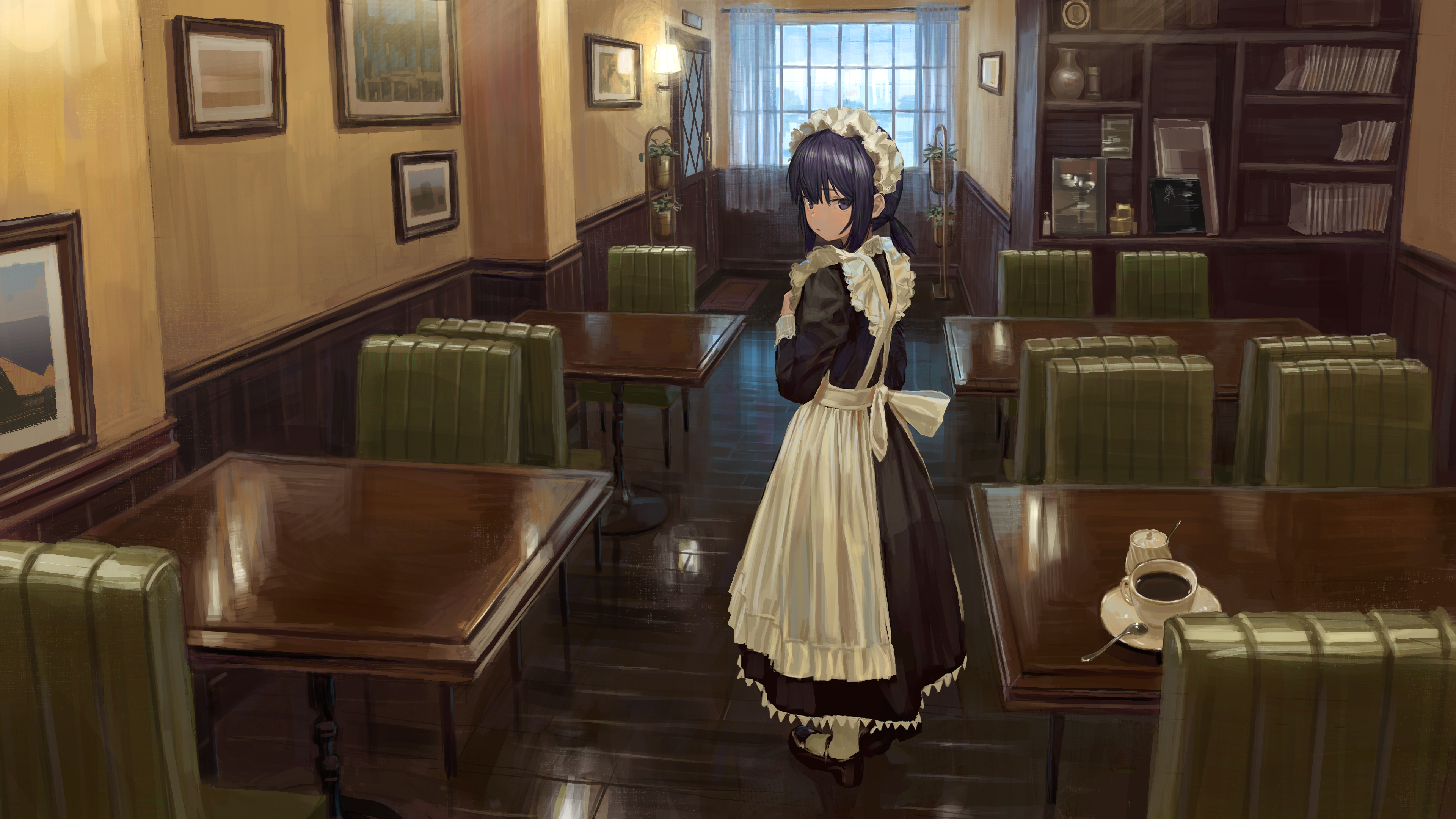 Anime Maid Standing in a Retro Cafe HD Wallpaper