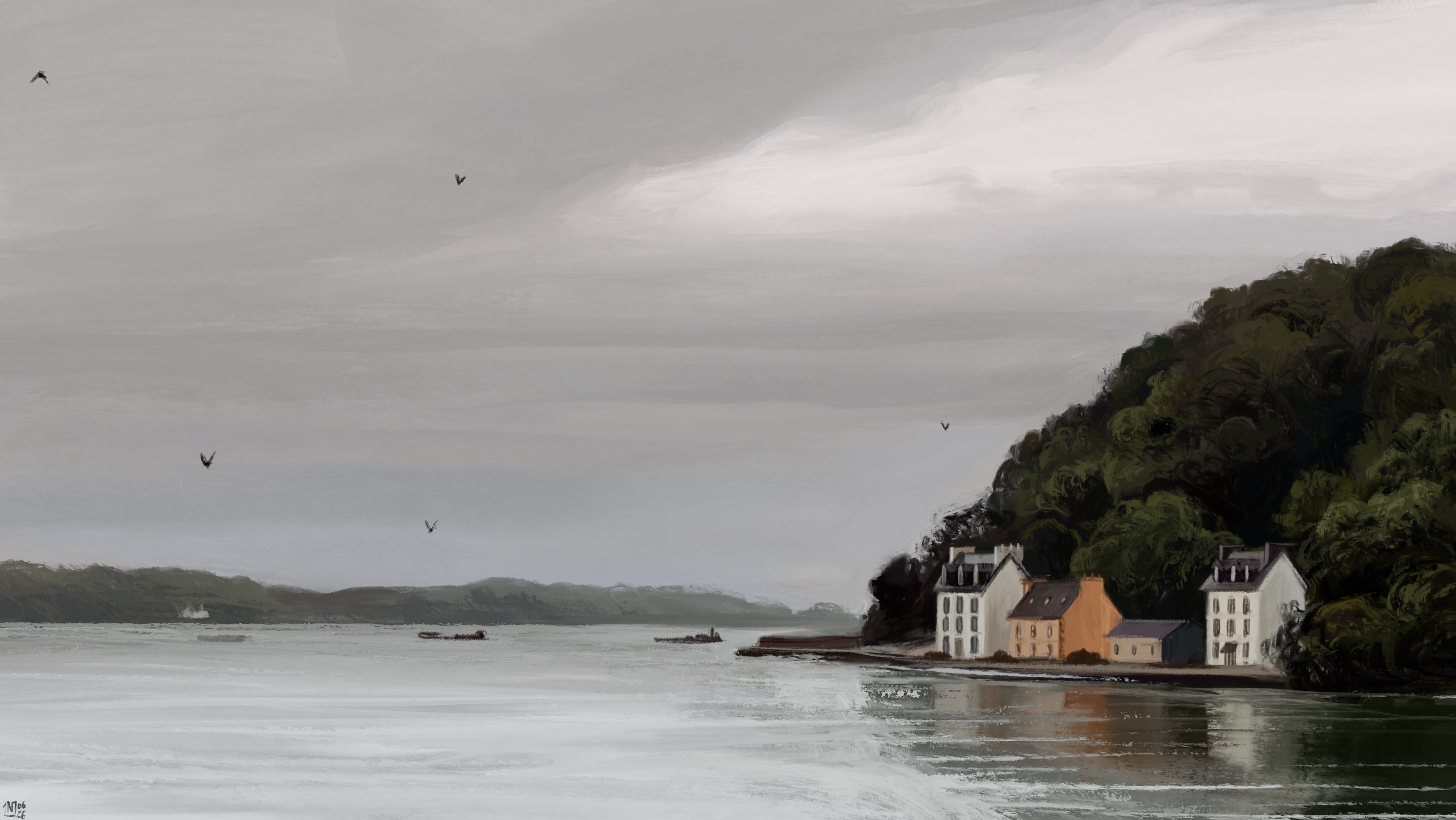 Digital painting of coastal houses under cloudy sky HD Wallpaper
