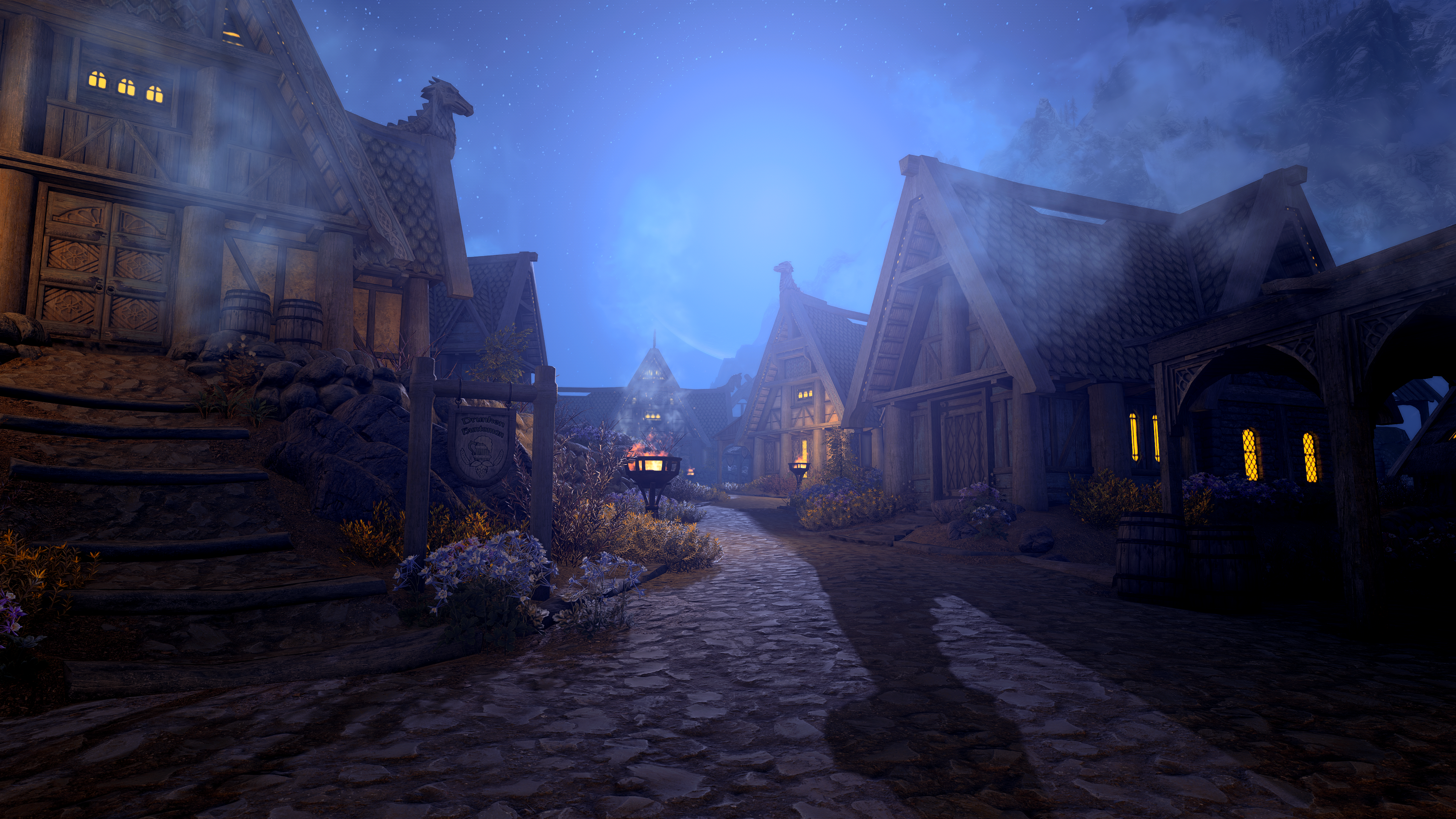 Whiterun Village Street at Night in Skyrim HD Wallpaper
