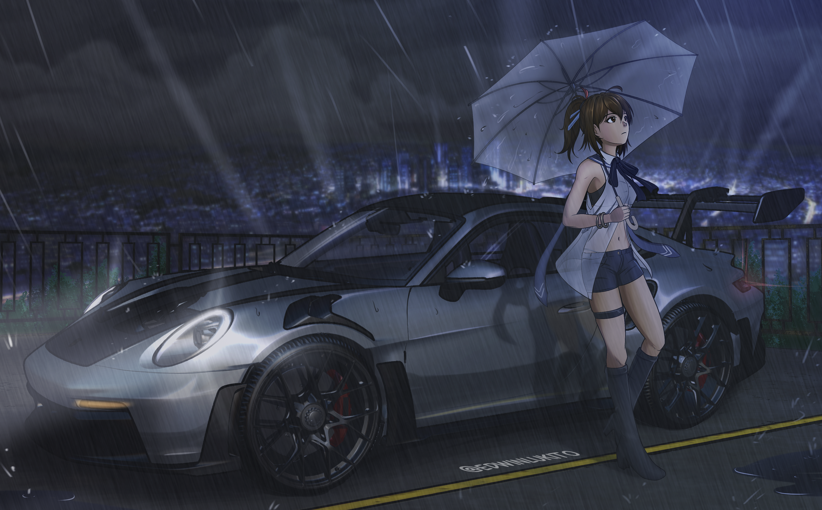 Anime Girl with Umbrella Next to Porsche 911 GT3 RS HD Wallpaper