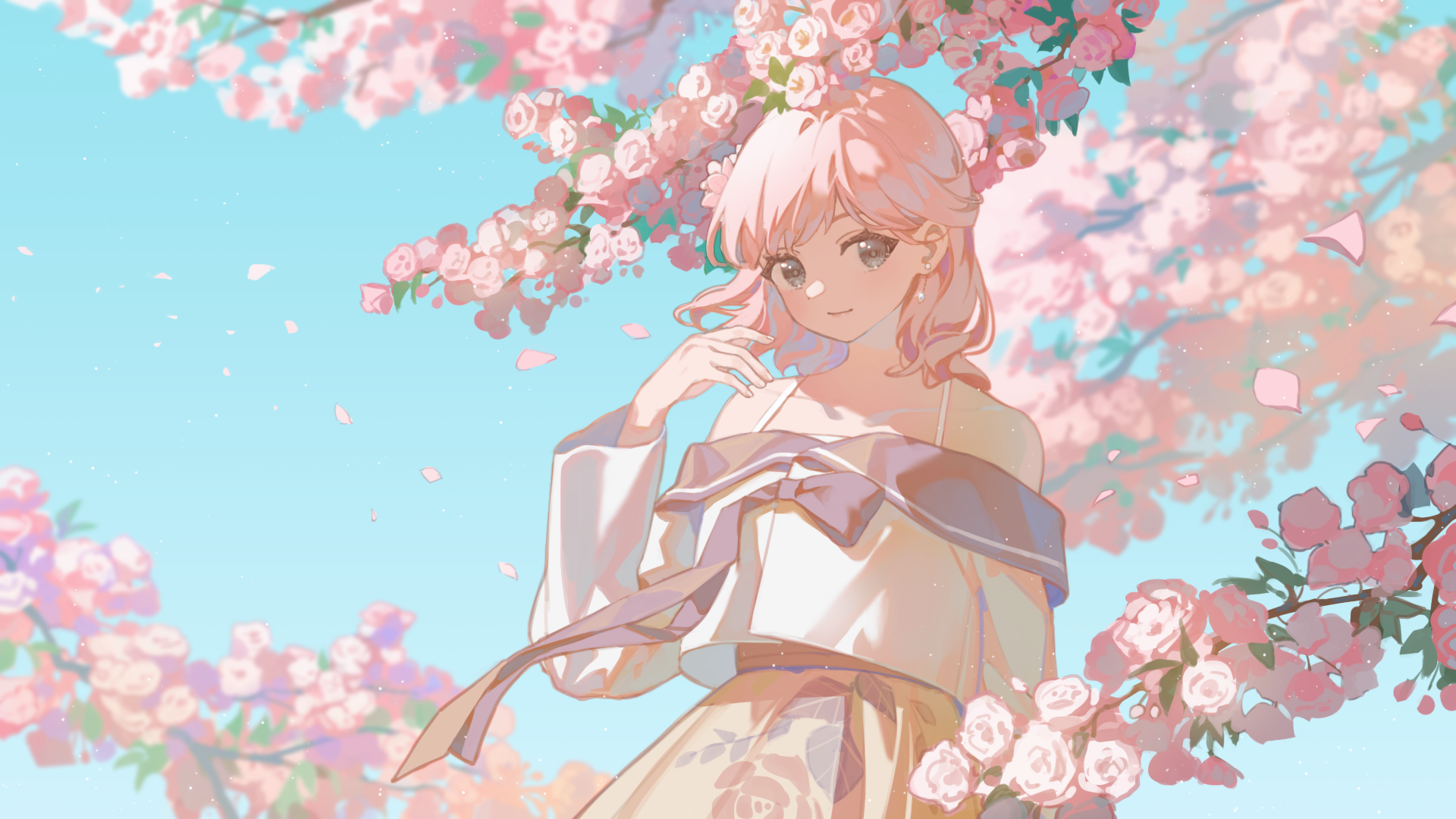 Anime Girl with Pink Hair and Cherry Blossoms HD Wallpaper