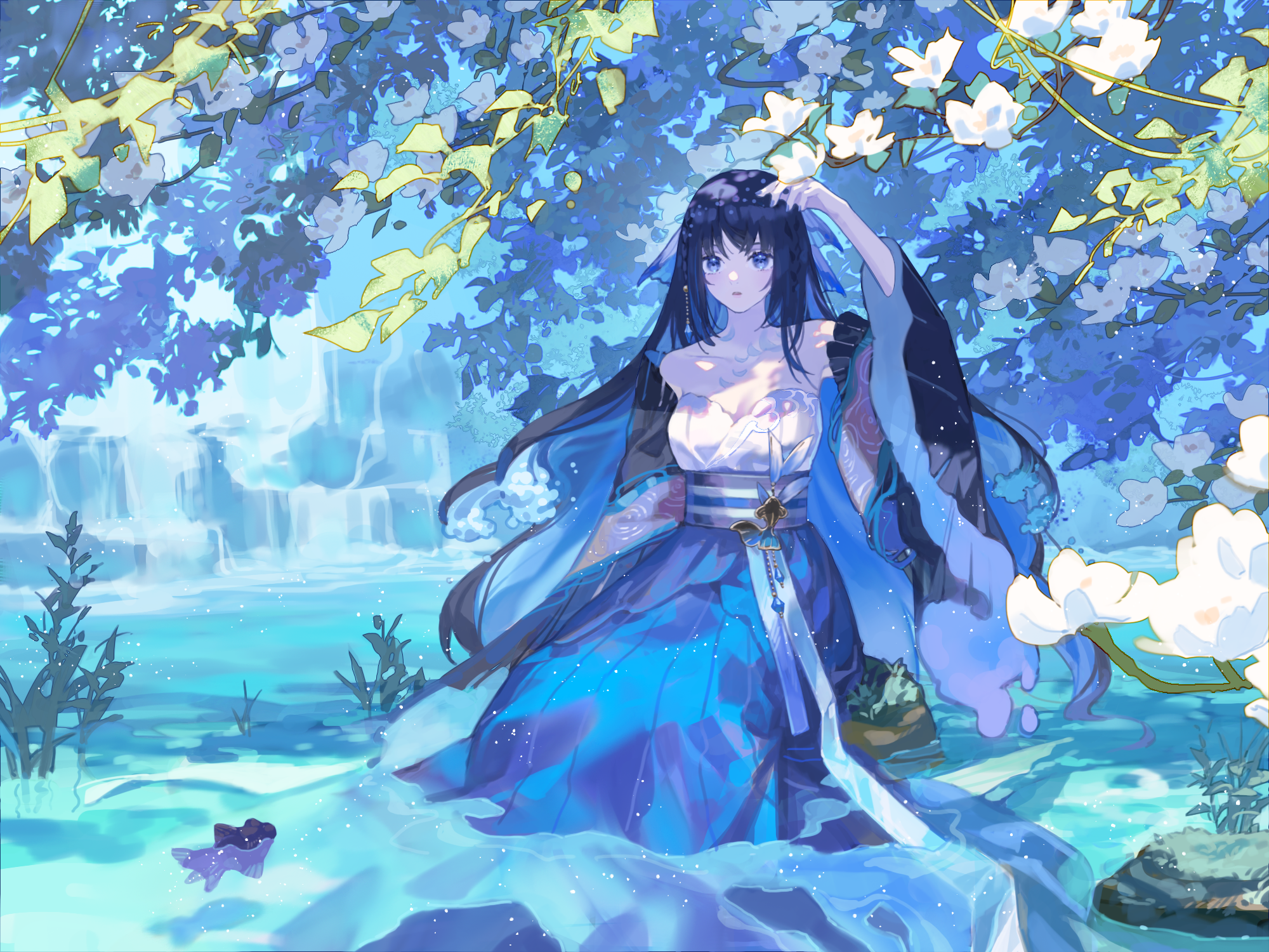 Anime Girl in Blue Dress Sitting in Water HD Wallpaper