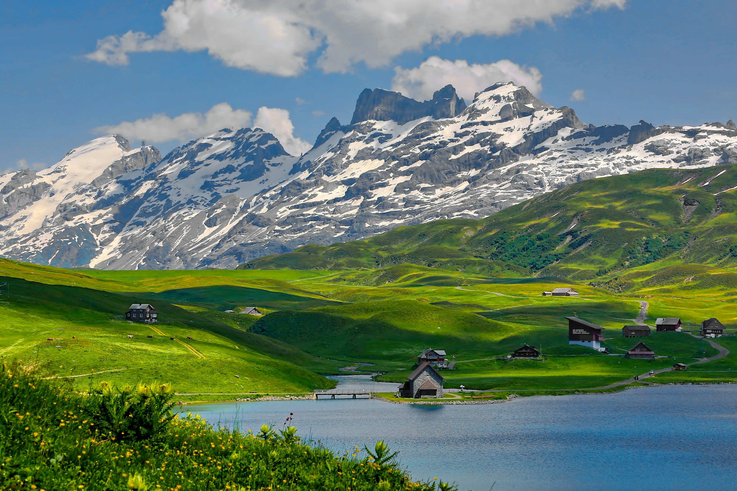 Scenic Alpine Landscape with Lake and Snow-Capped Mountains HD Wallpaper