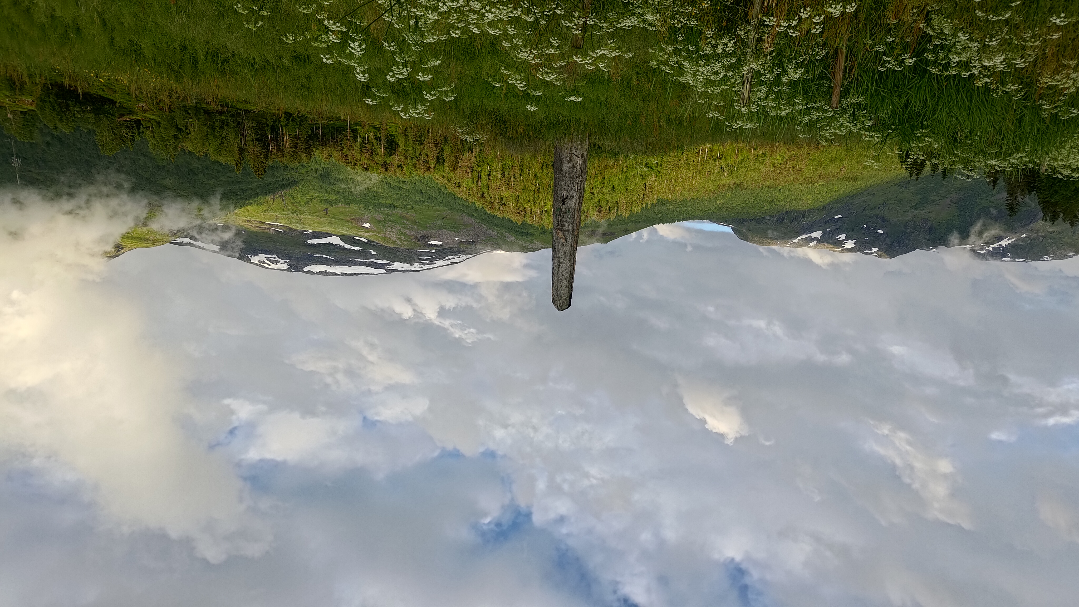 Upside Down Mountain Landscape with Wooden Post HD Wallpaper