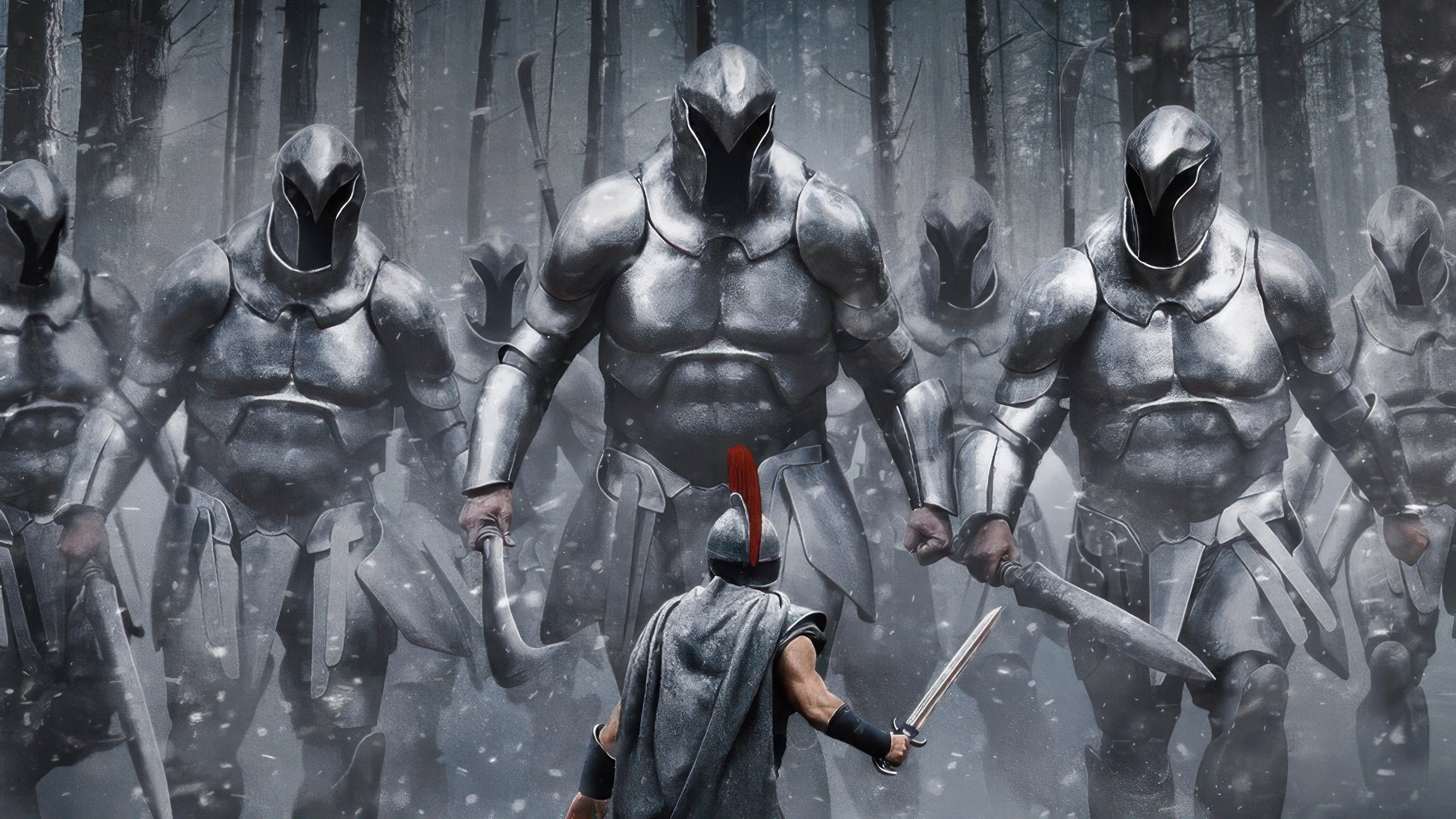 Lone warrior facing giant armored soldiers in The Odyssey HD Wallpaper