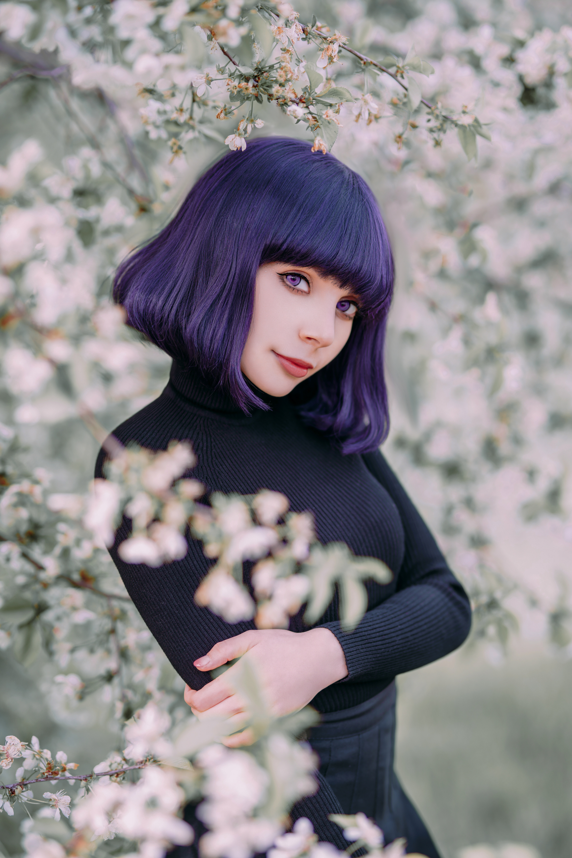 Woman with Purple Hair and Eyes in Blossom Trees HD Wallpaper