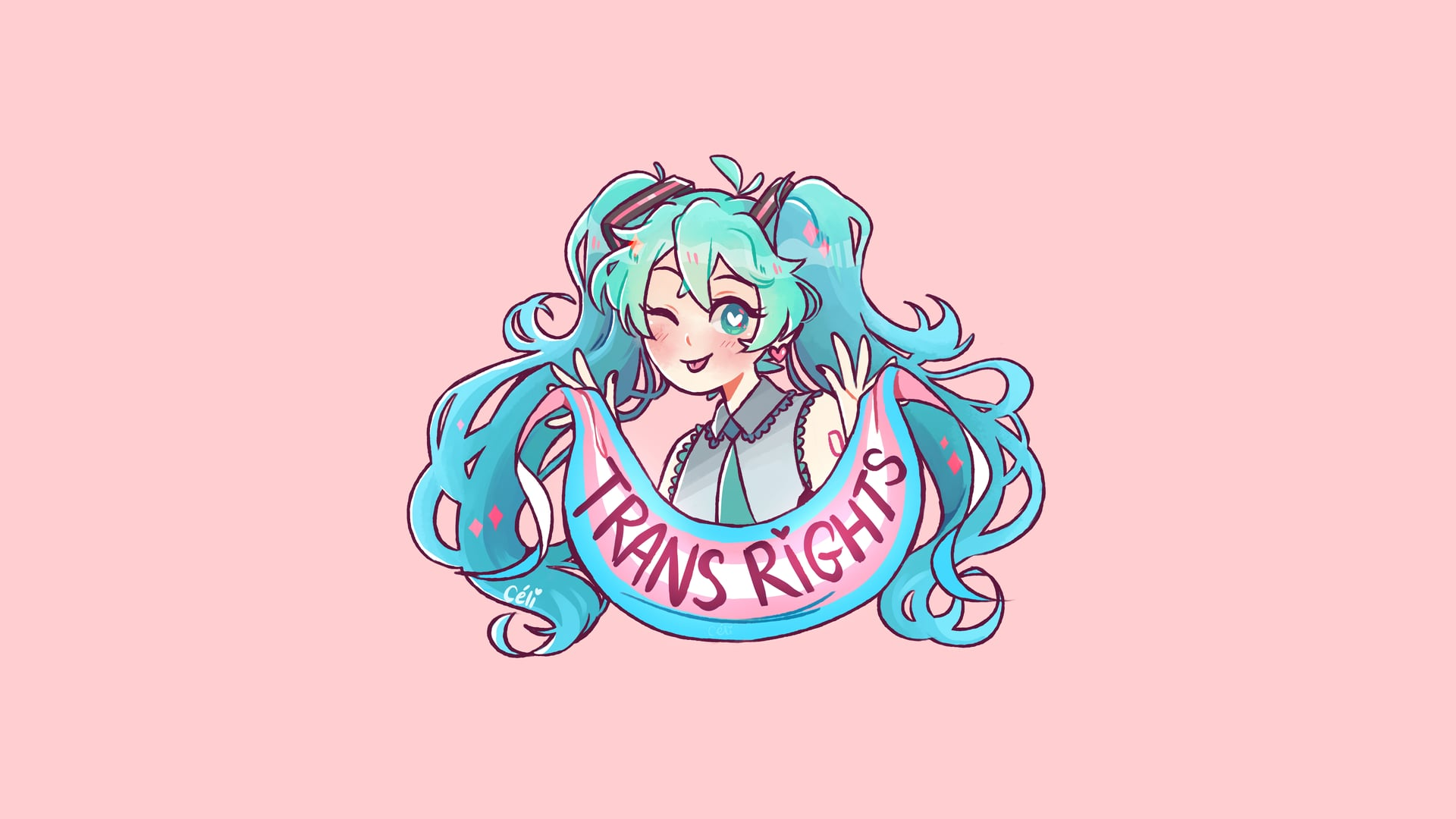 Hatsune Miku holding a Trans Rights banner HD Wallpaper